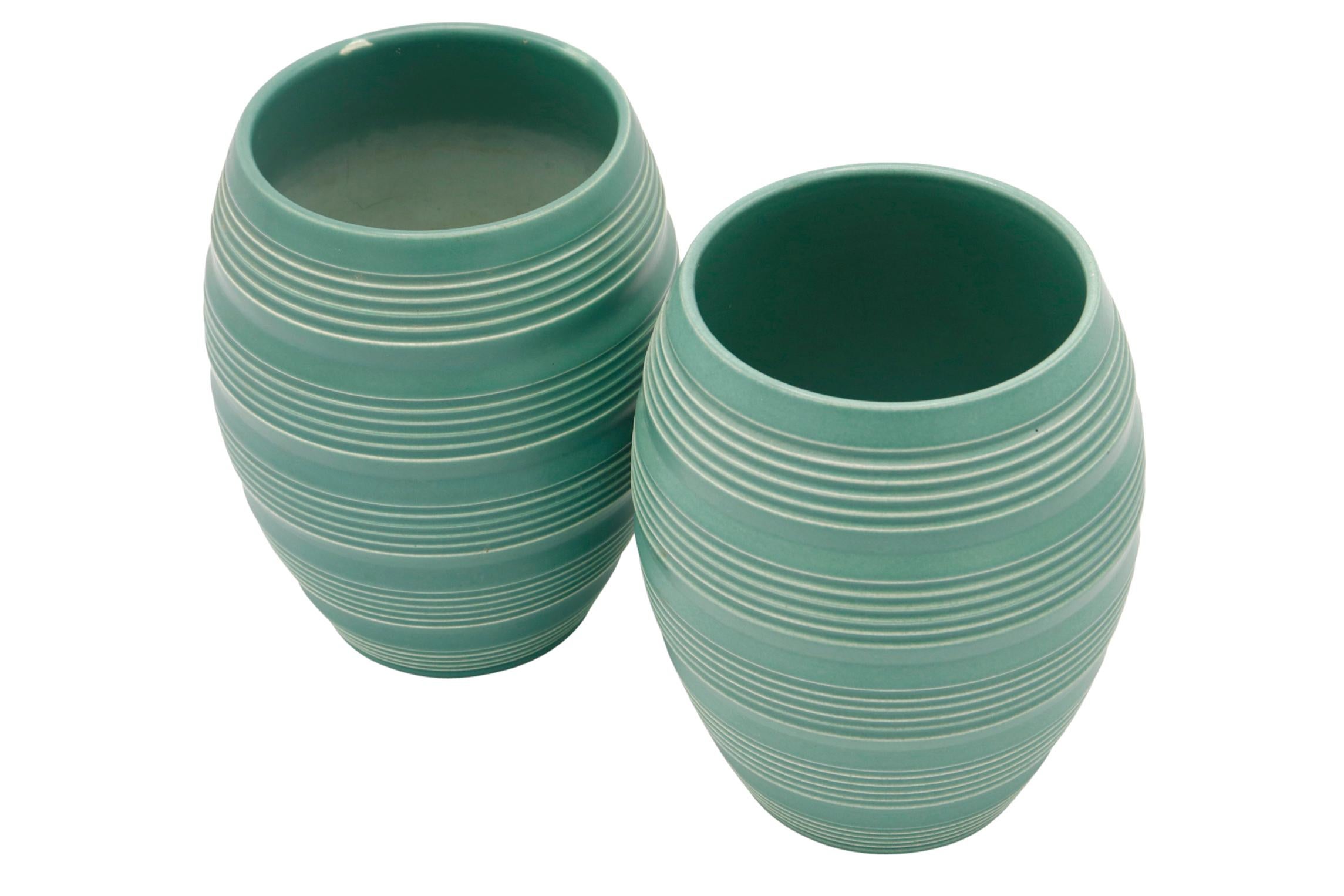 Art Deco Pair Keith Murray Barrel Vases in Green