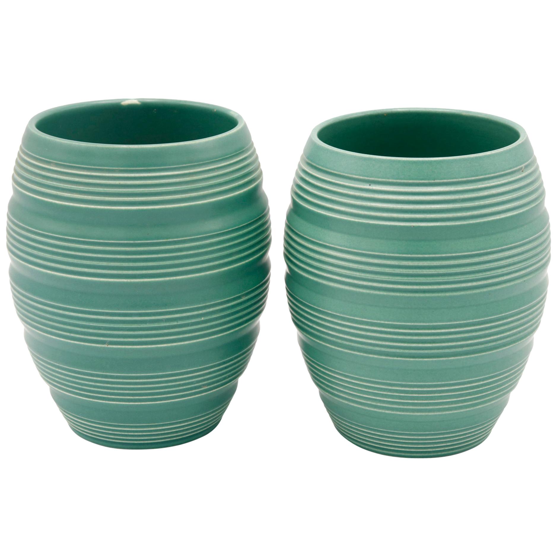 Pair Keith Murray Barrel Vases in Green