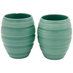 Pair Keith Murray Barrel Vases in Green