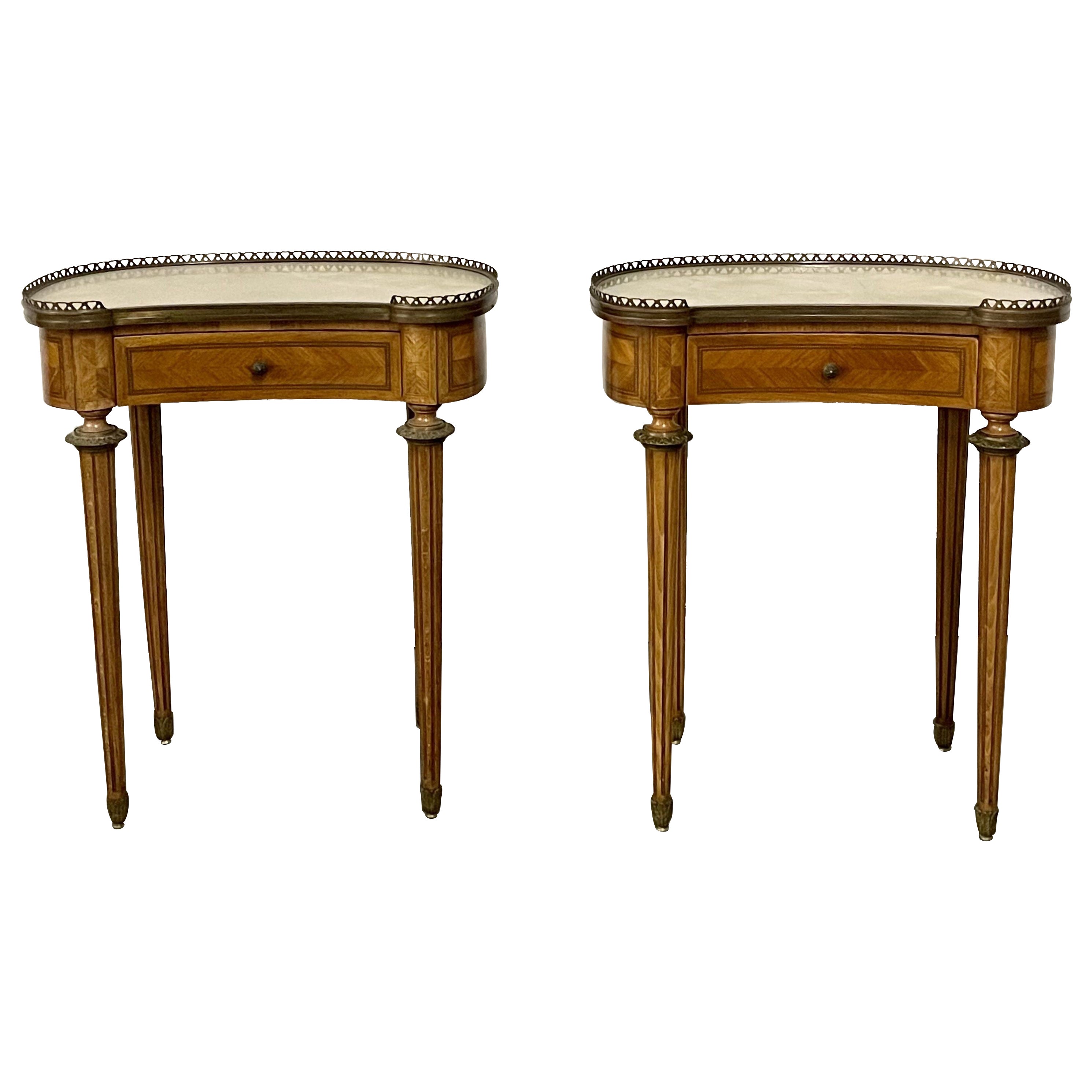 Pair Kidney Shaped End, Lamp or Side Tables, French, Marble Top, Louis XVI