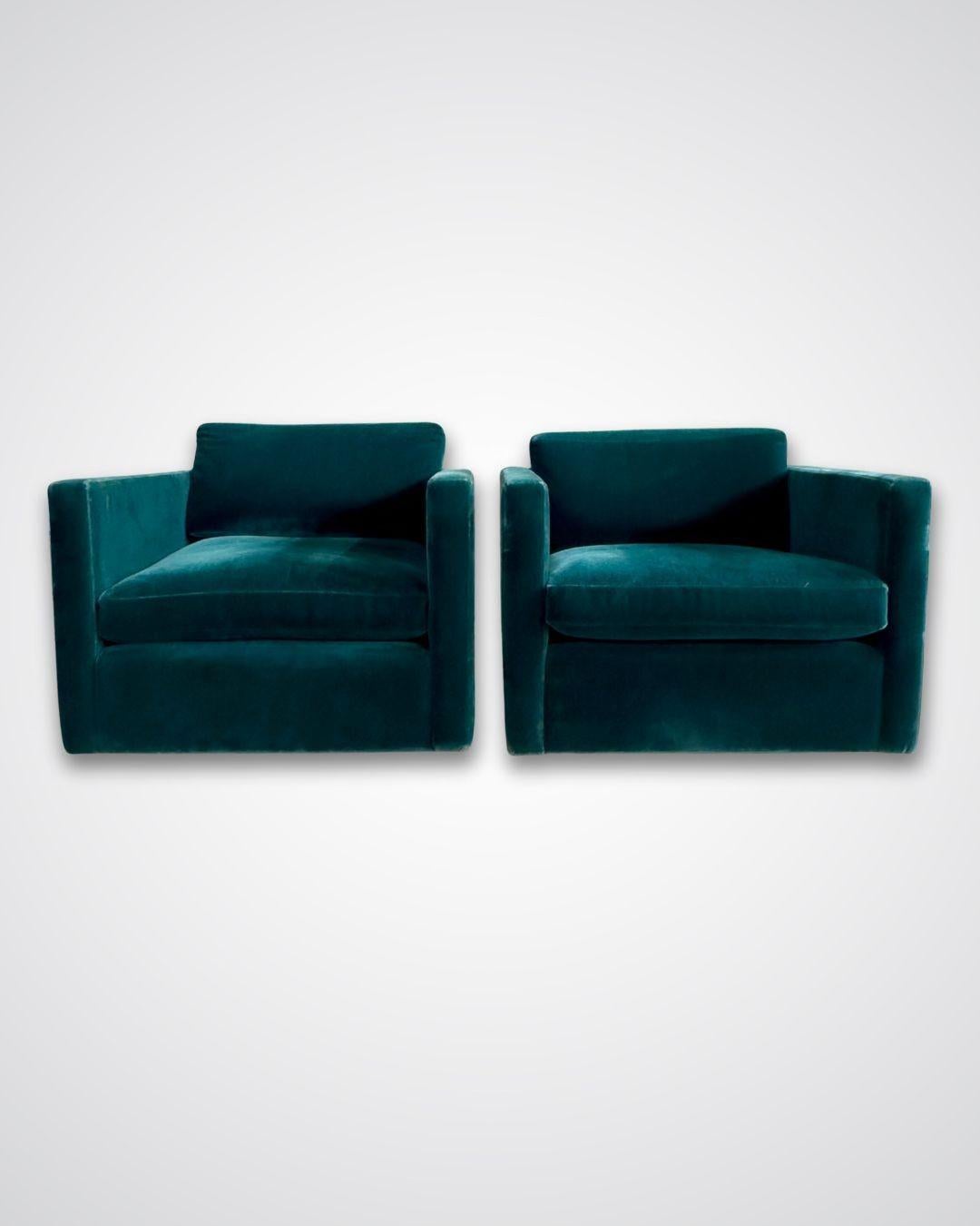 Pair Knoll Charles Pfister Mohair Lounge Chairs, 1980.  Original beautiful emerald color mohairs.  There is some signs of wear consistent with age and use.