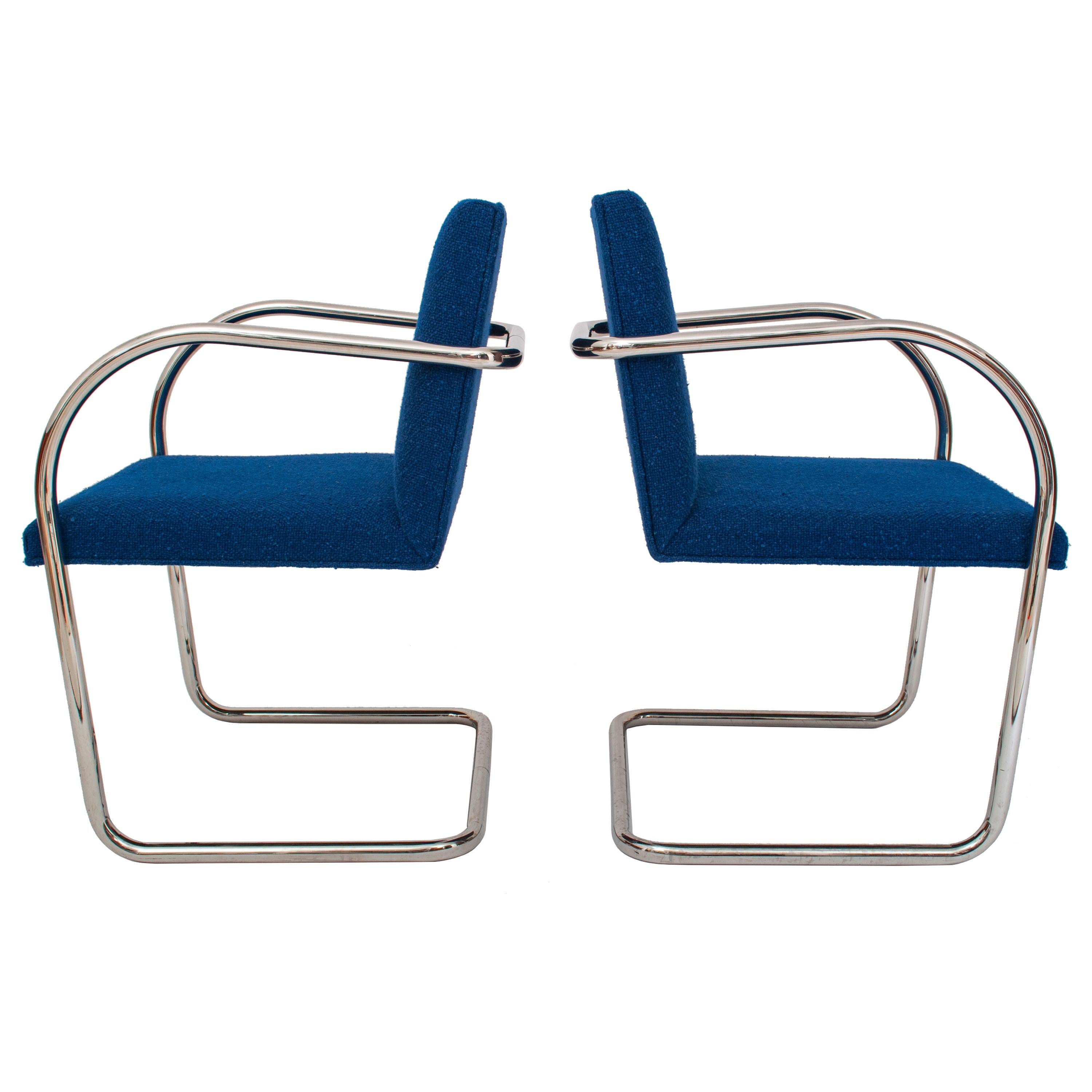 A good pair of original Knoll BRNO chairs by Mies Van Der Rohe, signed, 1980.
The chairs in the original blue fabric and round chrome frames, both chairs have the Knoll International labels to the underside & stamped with the delivery date of