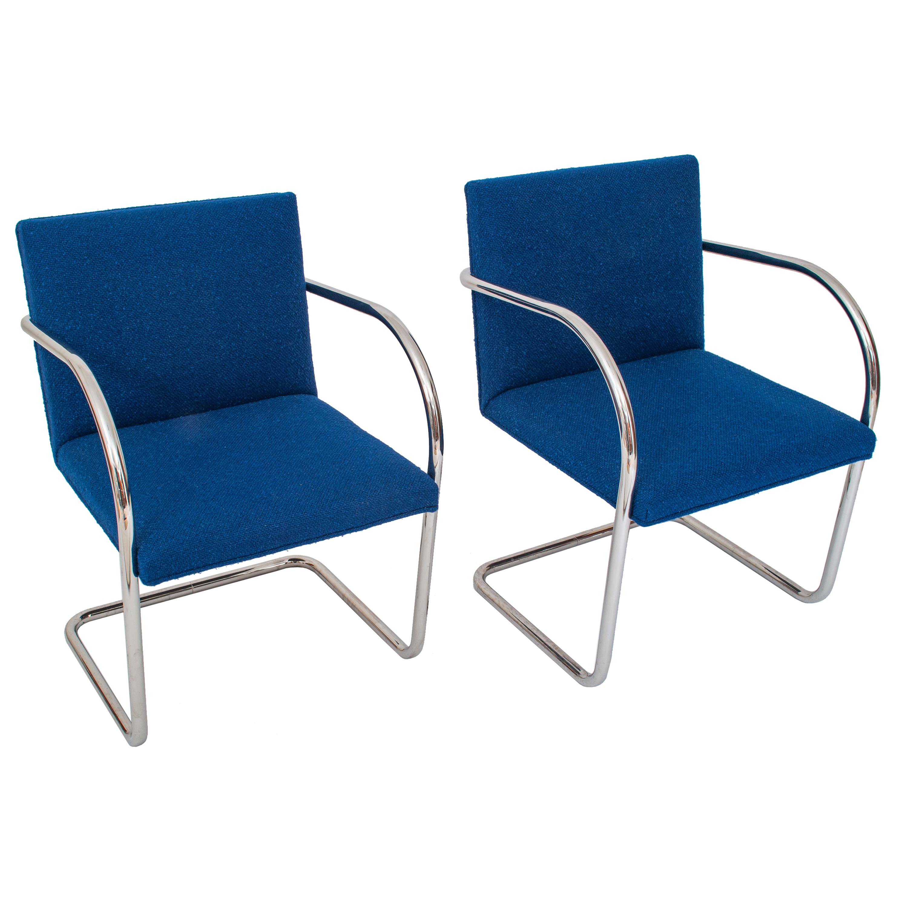 American Pair Knoll Mid-Century Modern Blue Chrome Brno Mies Van Der Rohe Chairs, 1980