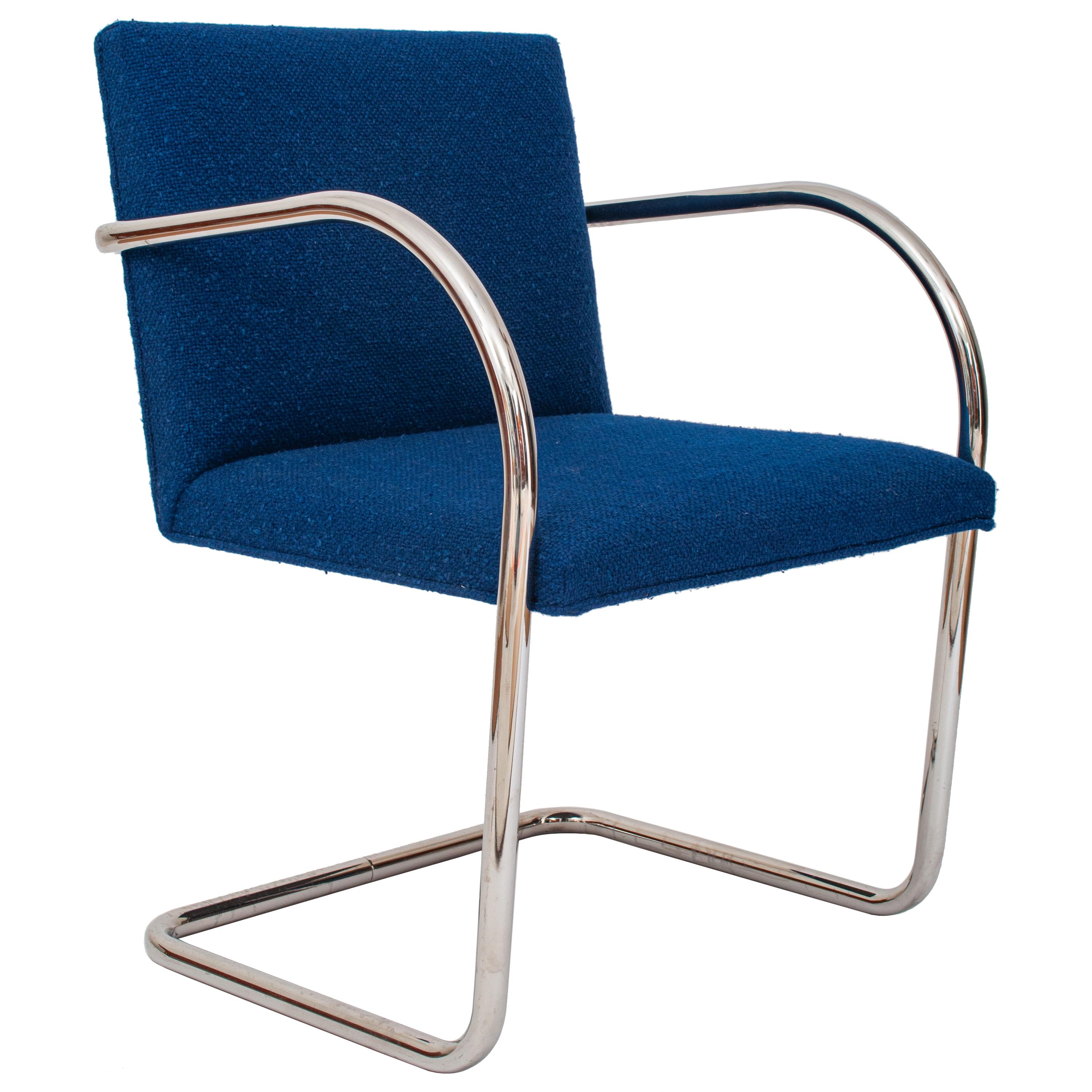 Fabric Pair Knoll Mid-Century Modern Blue Chrome Brno Mies Van Der Rohe Chairs, 1980