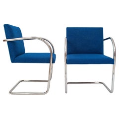 Pair Knoll Mid-Century Modern Blue Chrome Brno Mies Van Der Rohe Chairs, 1980