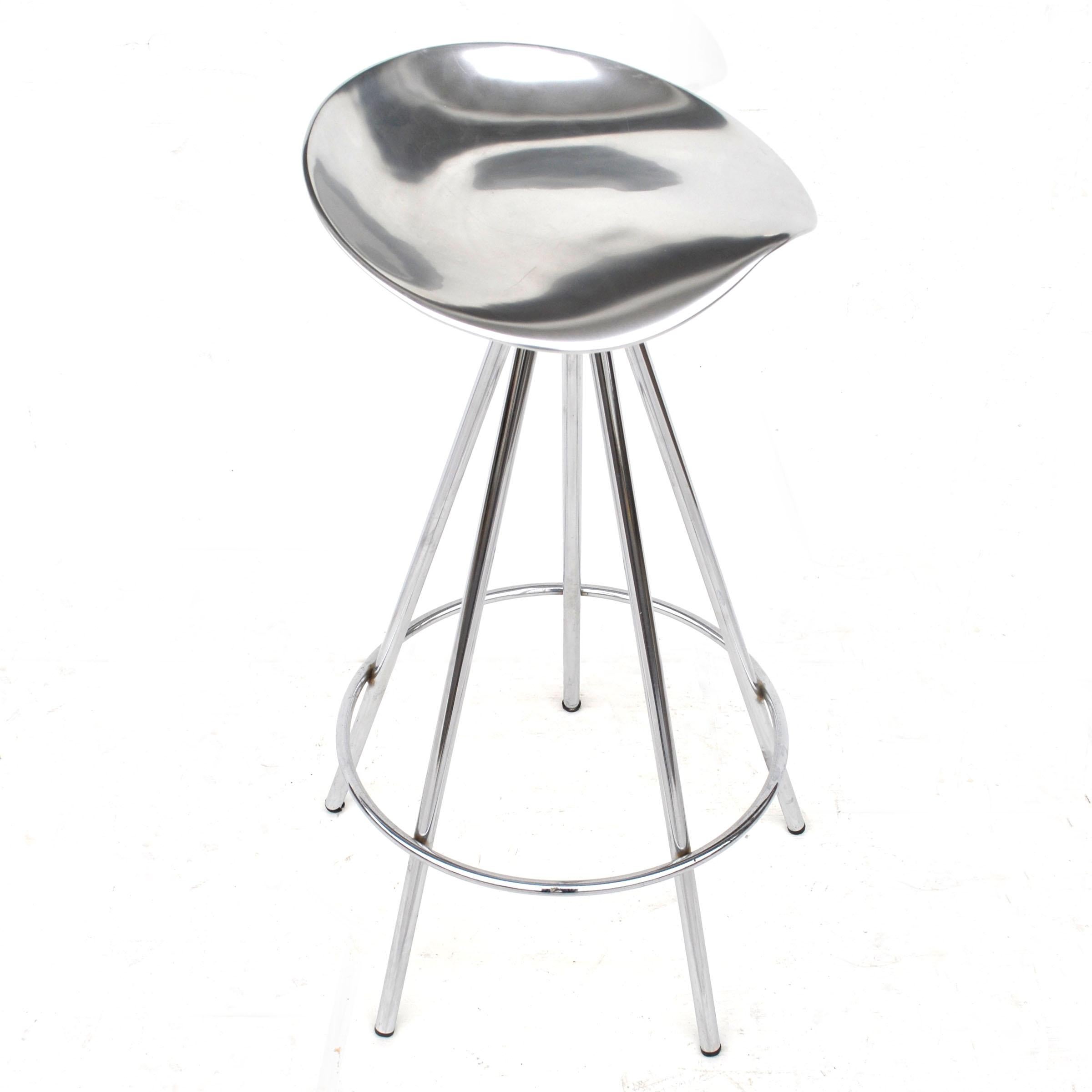 Modern stools designed by Pepe Cortes and made in Spain by Amat-3. These stools are currently being sold by Knoll. Aluminum saddle-like seats which swivel and chrome frames.