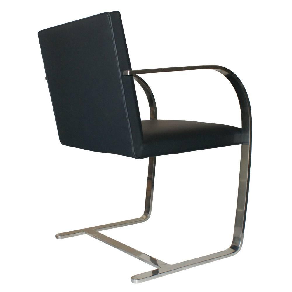 Mid-Century Modern Pair of Knoll Studio Flat Bar Brno Chairs Stainless Steel Black Leather
