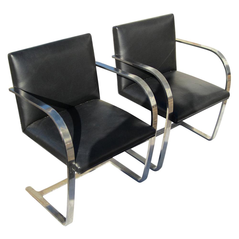 Pair of Knoll Studio Flat Bar Brno Chairs Stainless Steel Black Leather