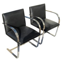 Pair of Knoll Studio Flat Bar Brno Chairs Stainless Steel Black Leather