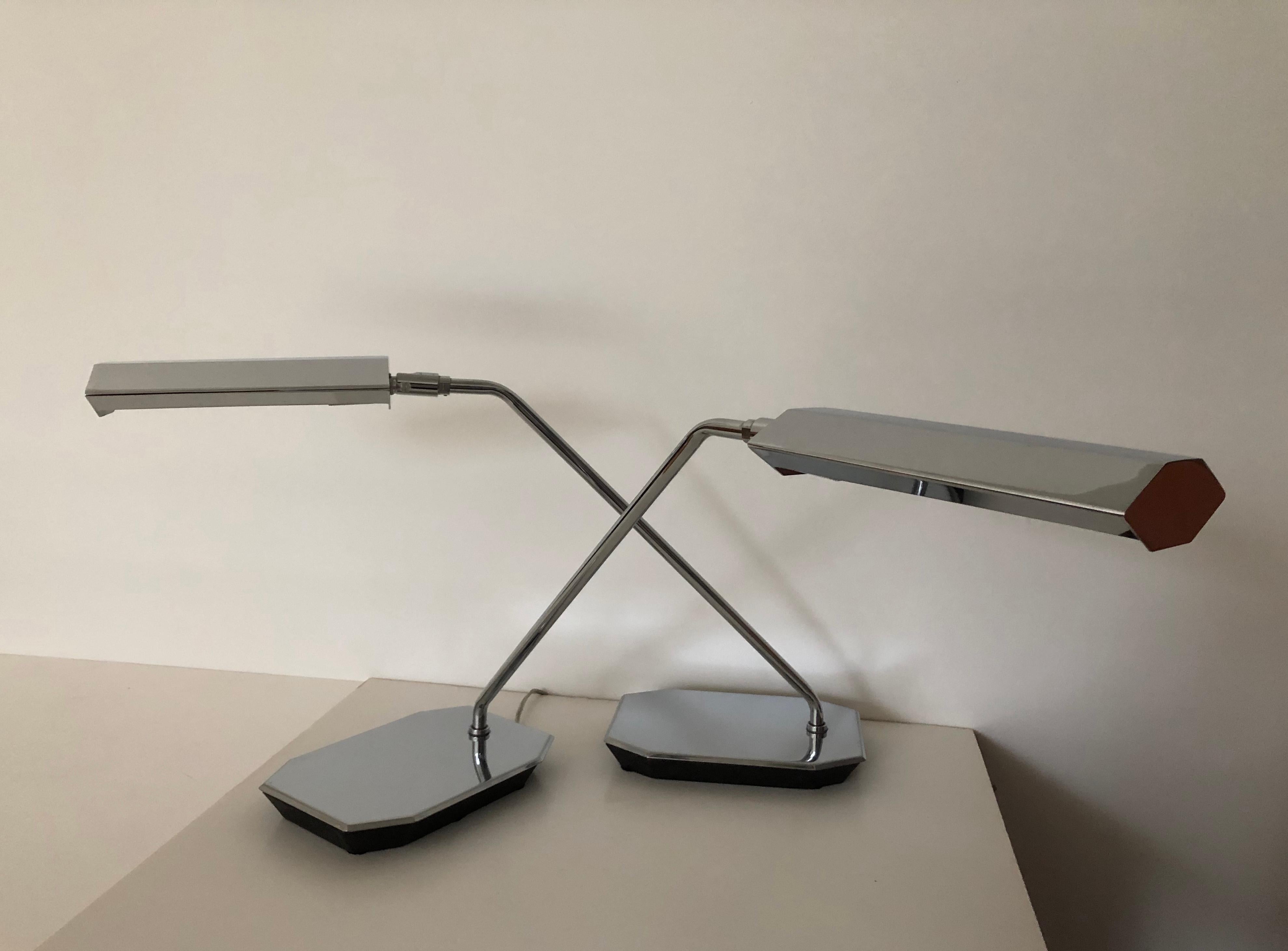 Mid-Century Modern Pair of Koch & Lowy Chrome Swing Arm Adjustable Desk / Lamps For Sale