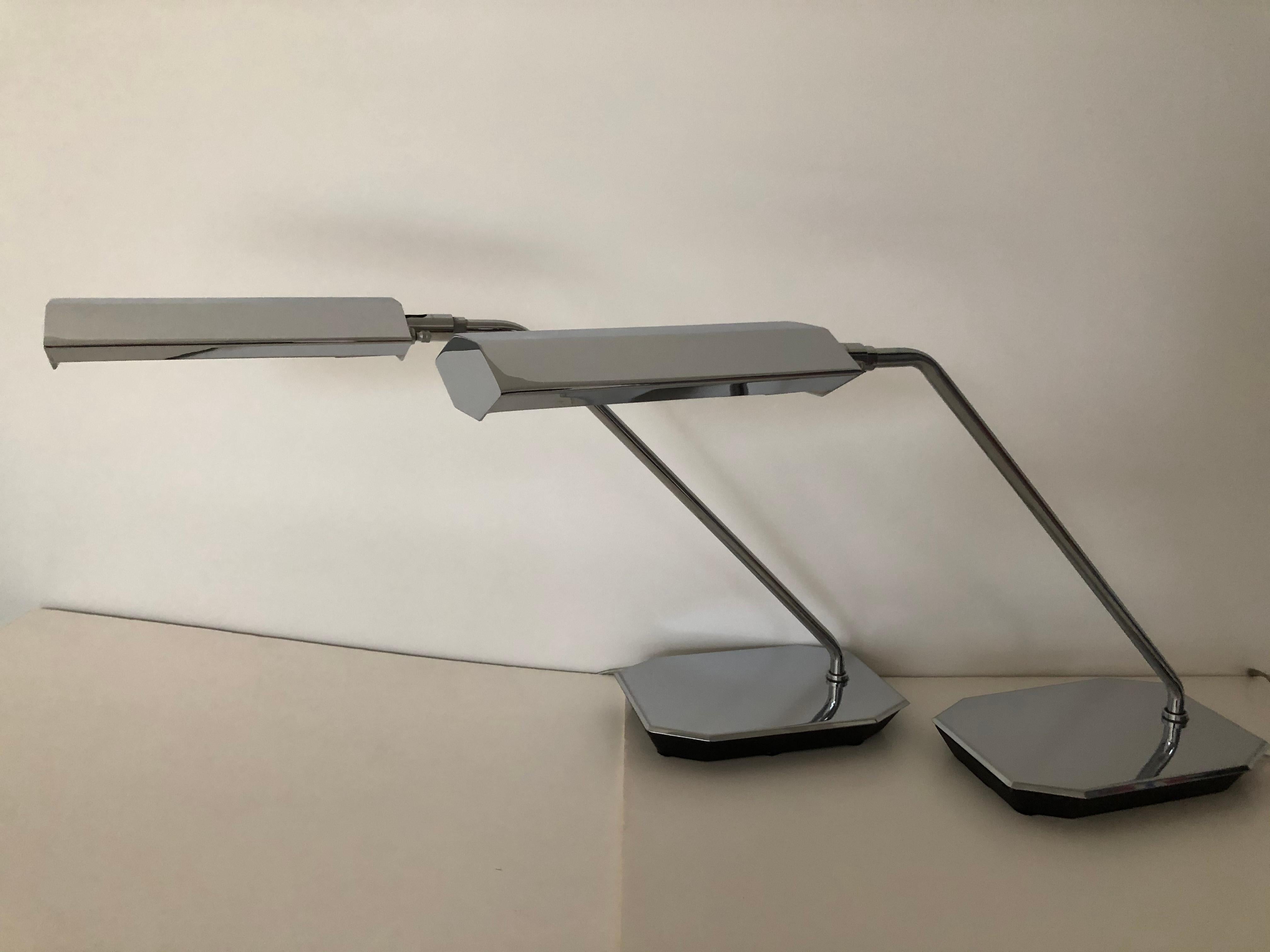 American Pair of Koch & Lowy Chrome Swing Arm Adjustable Desk / Lamps For Sale