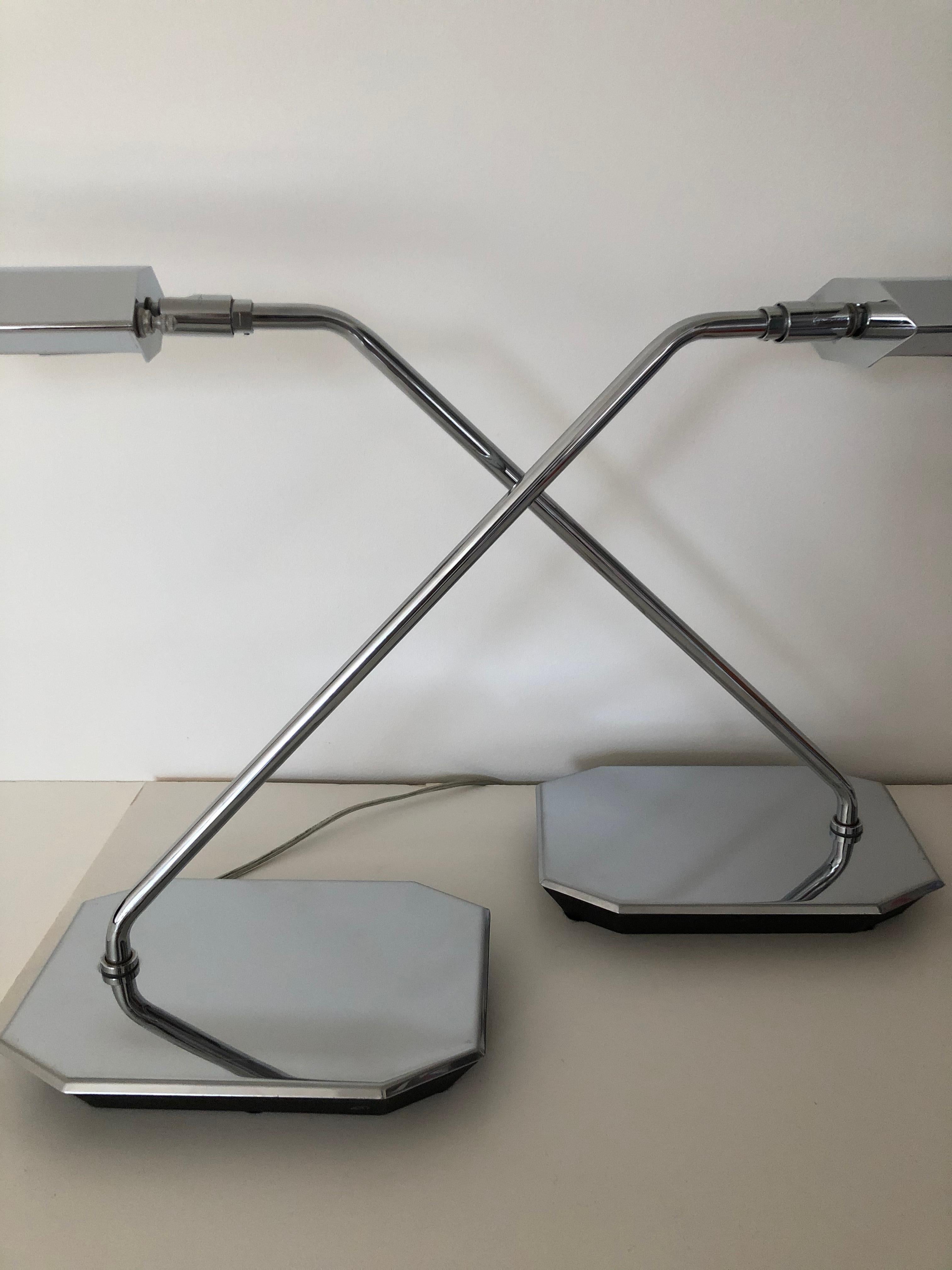 Anodized Pair of Koch & Lowy Chrome Swing Arm Adjustable Desk / Lamps For Sale