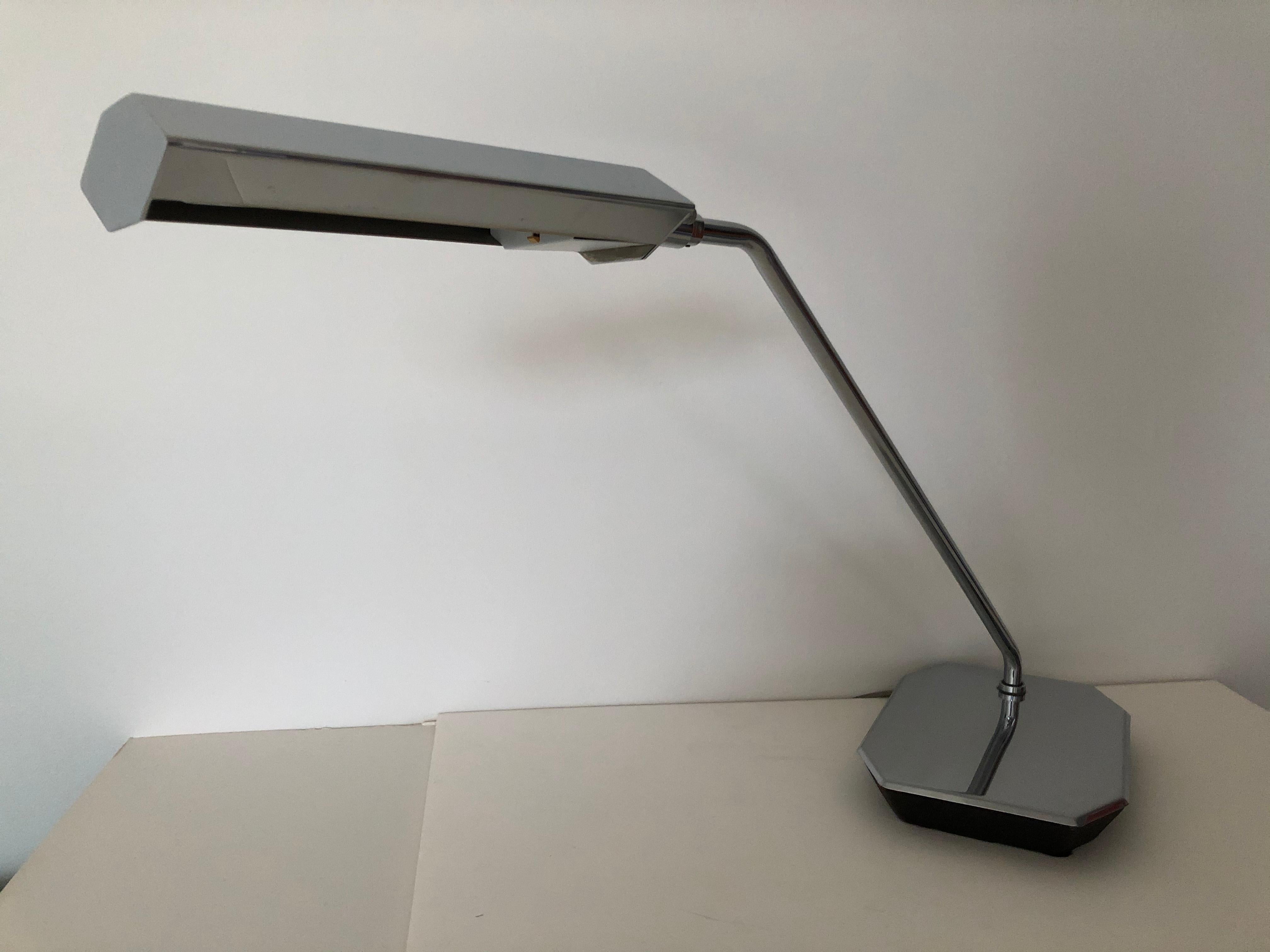 Steel Pair of Koch & Lowy Chrome Swing Arm Adjustable Desk / Lamps For Sale