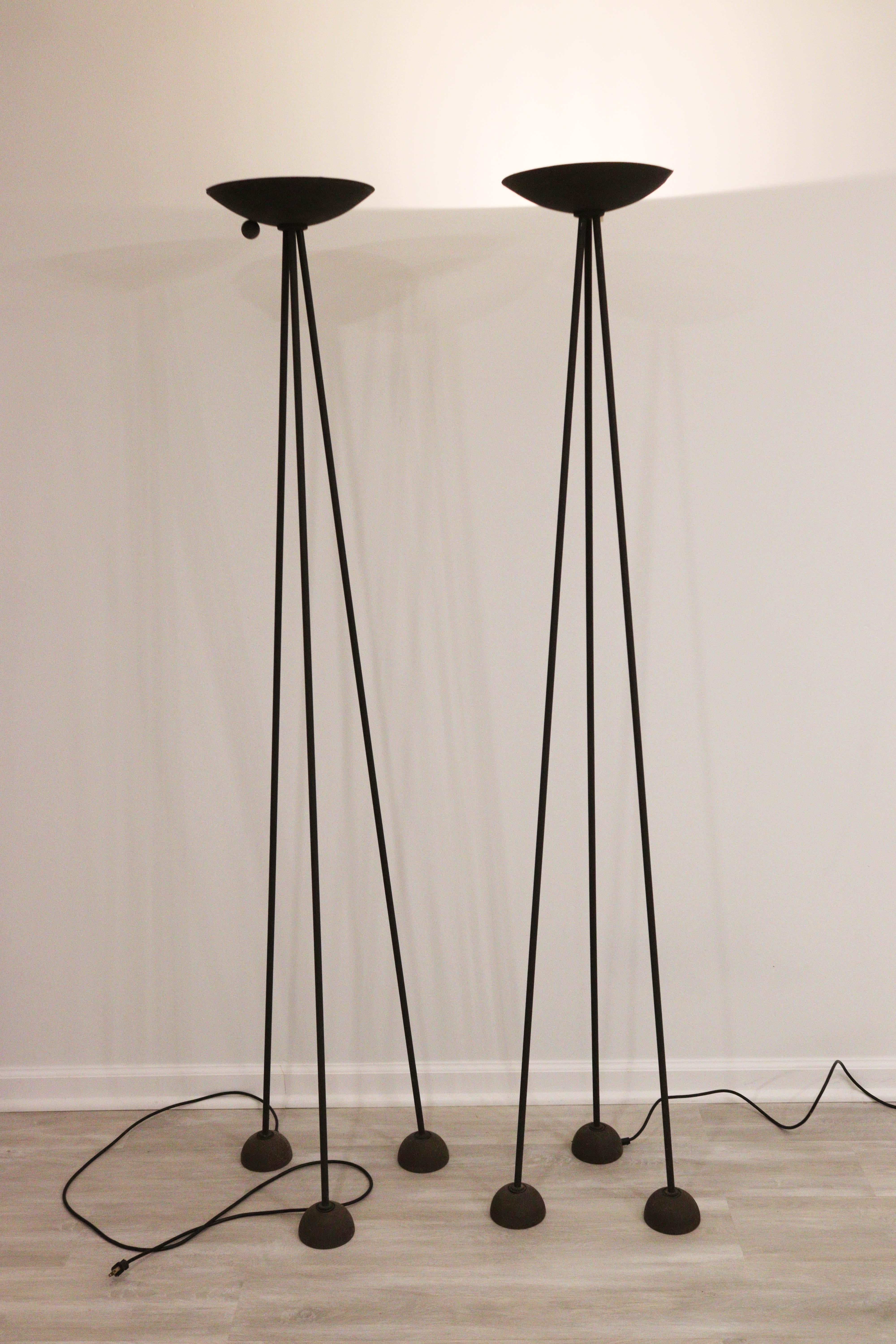 Metal Pair Koch & Lowy Tripod Torchiere Floor Lamps Post Modern Contemporary 1980