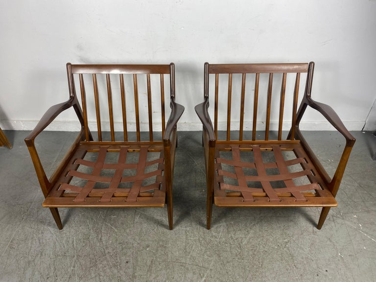 Pair Kofod Larsen for Selig Mid Century Danish Walnut Lounge Chairs 5