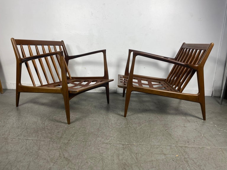 Pair Kofod Larsen for Selig Mid Century Danish Walnut Lounge Chairs In Good Condition In Buffalo, NY