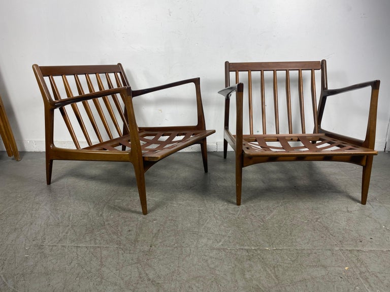 Pair Kofod Larsen for Selig Mid Century Danish Walnut Lounge Chairs 4