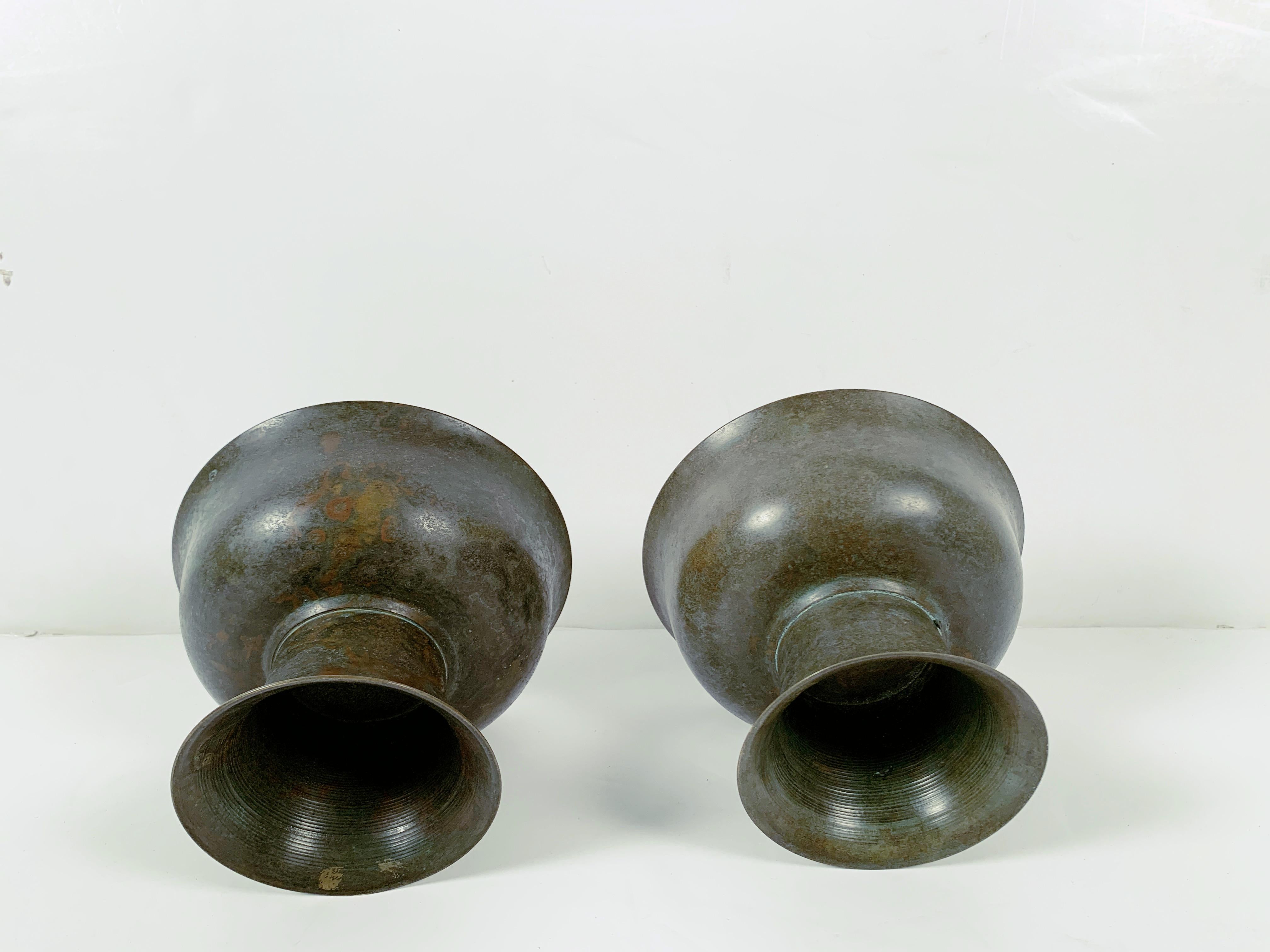 18th Century and Earlier Pair of Korean Goryeo Dynasty Bronze Pedestal Bowls, 13th-15th Century, Korea For Sale