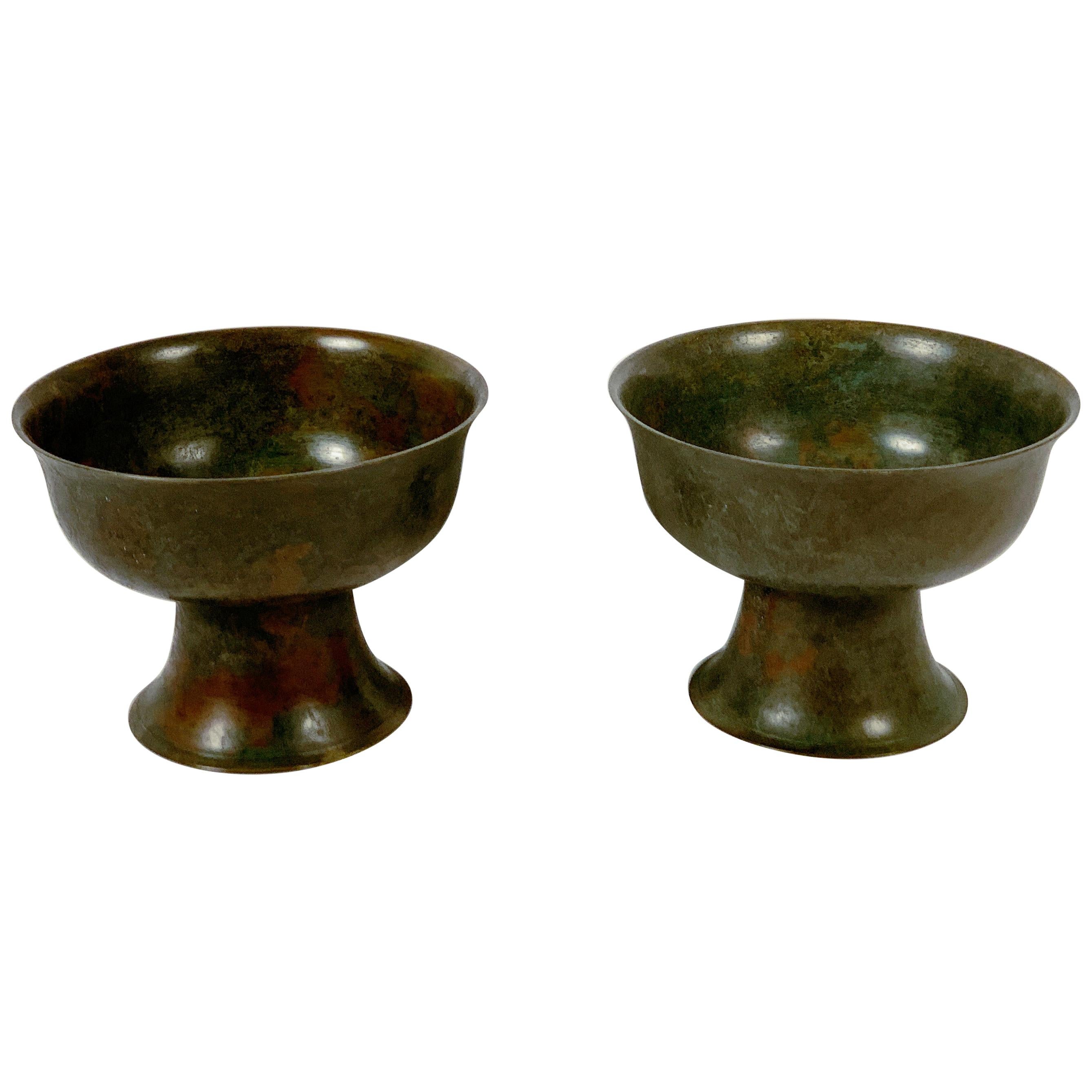 Pair of Korean Goryeo Dynasty Bronze Pedestal Bowls, 13th-15th Century, Korea
