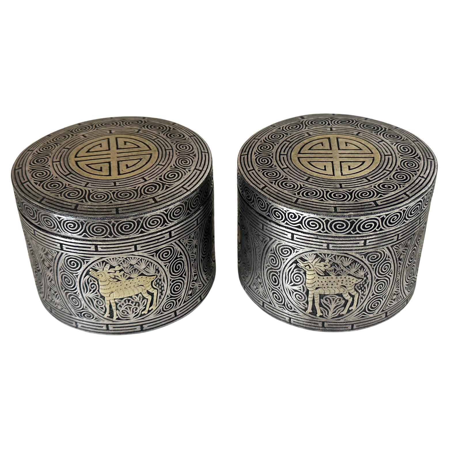 Pair Korean Iron Box with Silver Inlays Joseon Dynasty