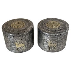 Pair Korean Iron Box with Silver Inlays Joseon Dynasty