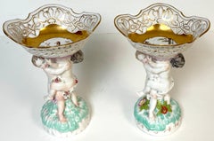 Pair KPM Berlin Rococo Revival Porcelain Figural Tazza, Reticulated Gilt Bowls