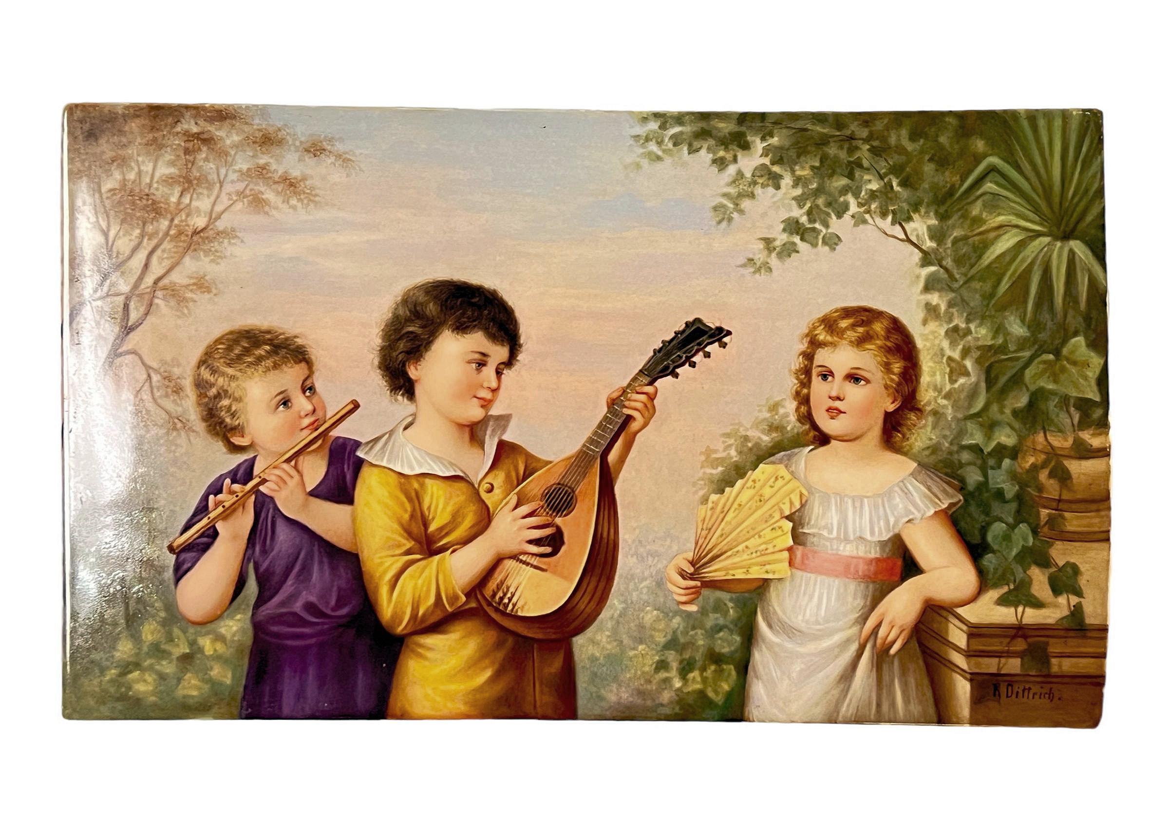 Large 19th century KPM plaques hand-painted by Dittrich after the original paintings by the Czech master, Franz Lefler (1831-1898), depicting children singing and playing string instruments.  Measures:  13 by 7 3/4 and 13 1/4 by 7 7/8 inches.
Rears