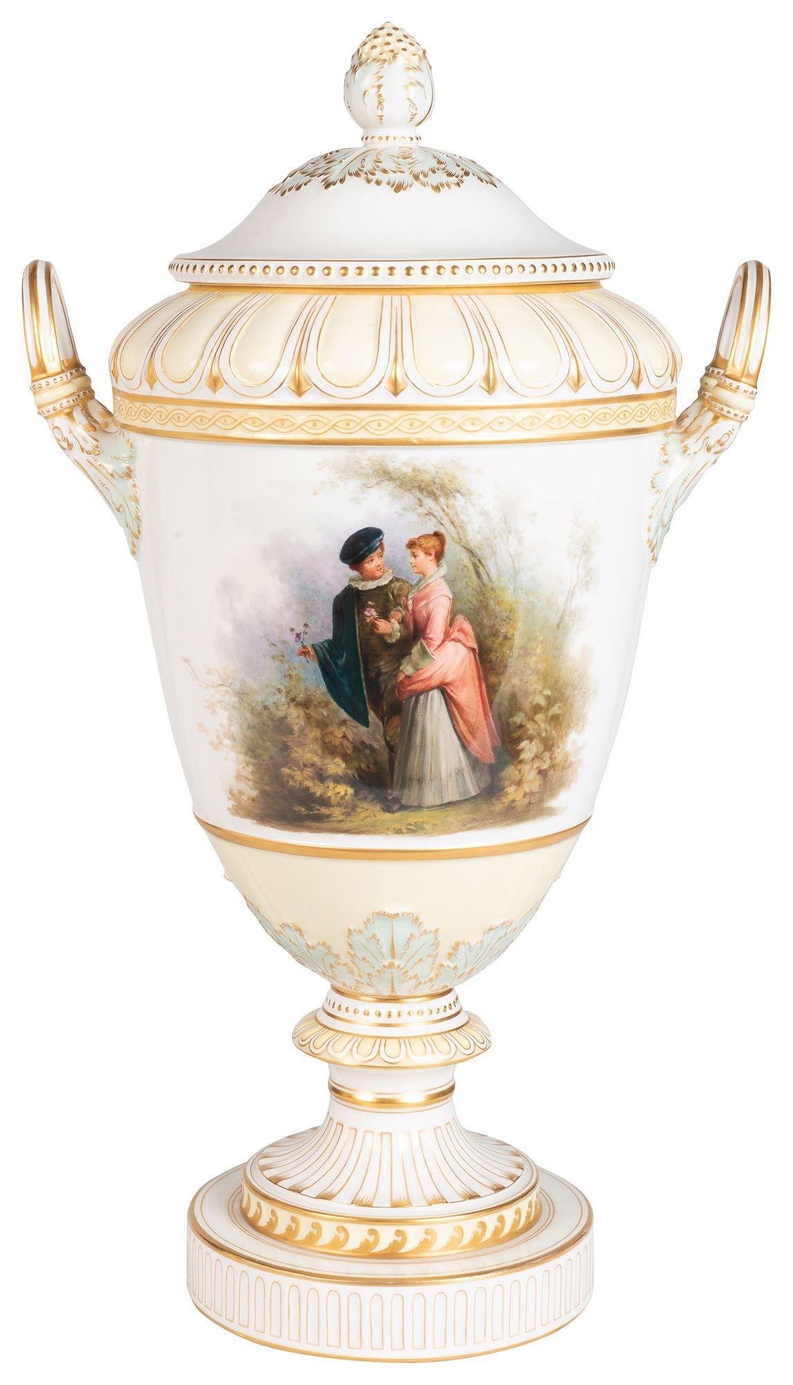 Pair Cream ground KPM porcelain lidded vases, each with gilded decoration, romantic scenes depicting courting lovers, floral scenes to the reverse.
Signed to the base.


Batch 74 N/H
