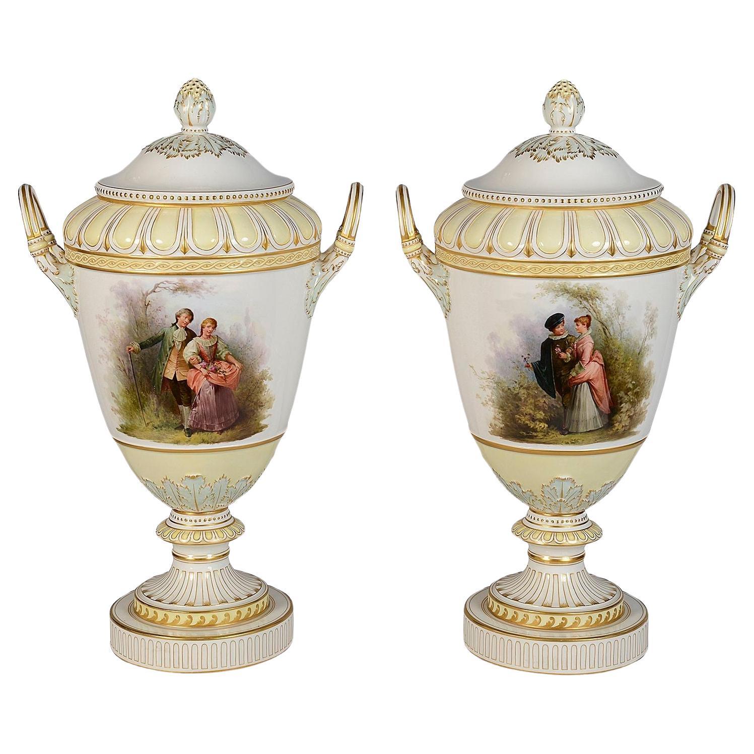 Pair KPM two handle porcelain vases, circa 1890 For Sale