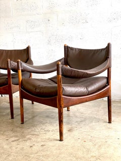 Pair Kristian Vedel Modus Leather and Rosewood Lounge Chairs