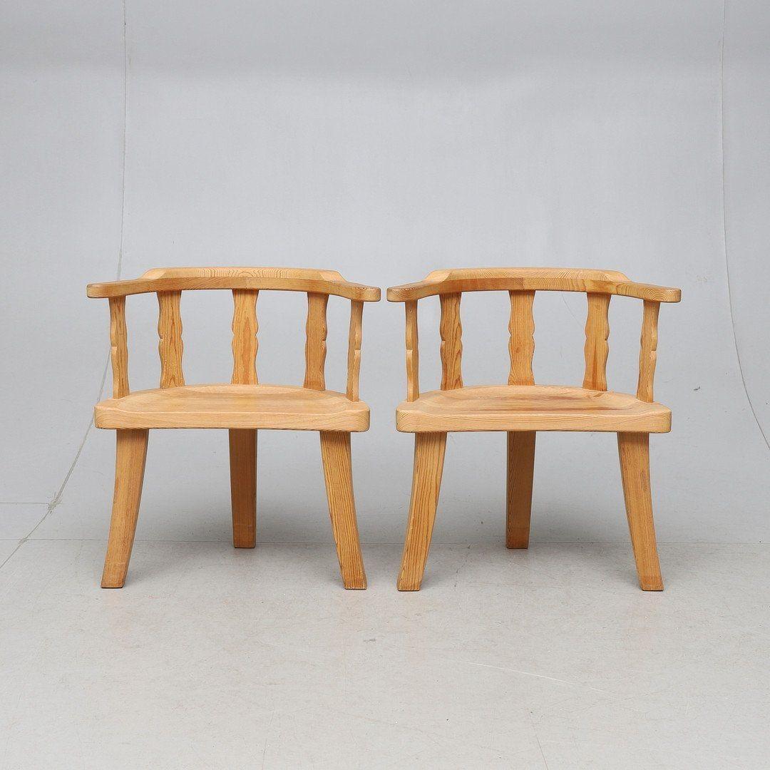 Pair Krogenäs Møbler of Norway pine armchairs with three legs, ca. 1960. Simple yet distinctive, this delightful duo of four-legged armchairs in luminous Scandinavian unfinished pine are designed by Norwegian firm, Krogenäs Møbler. Designer