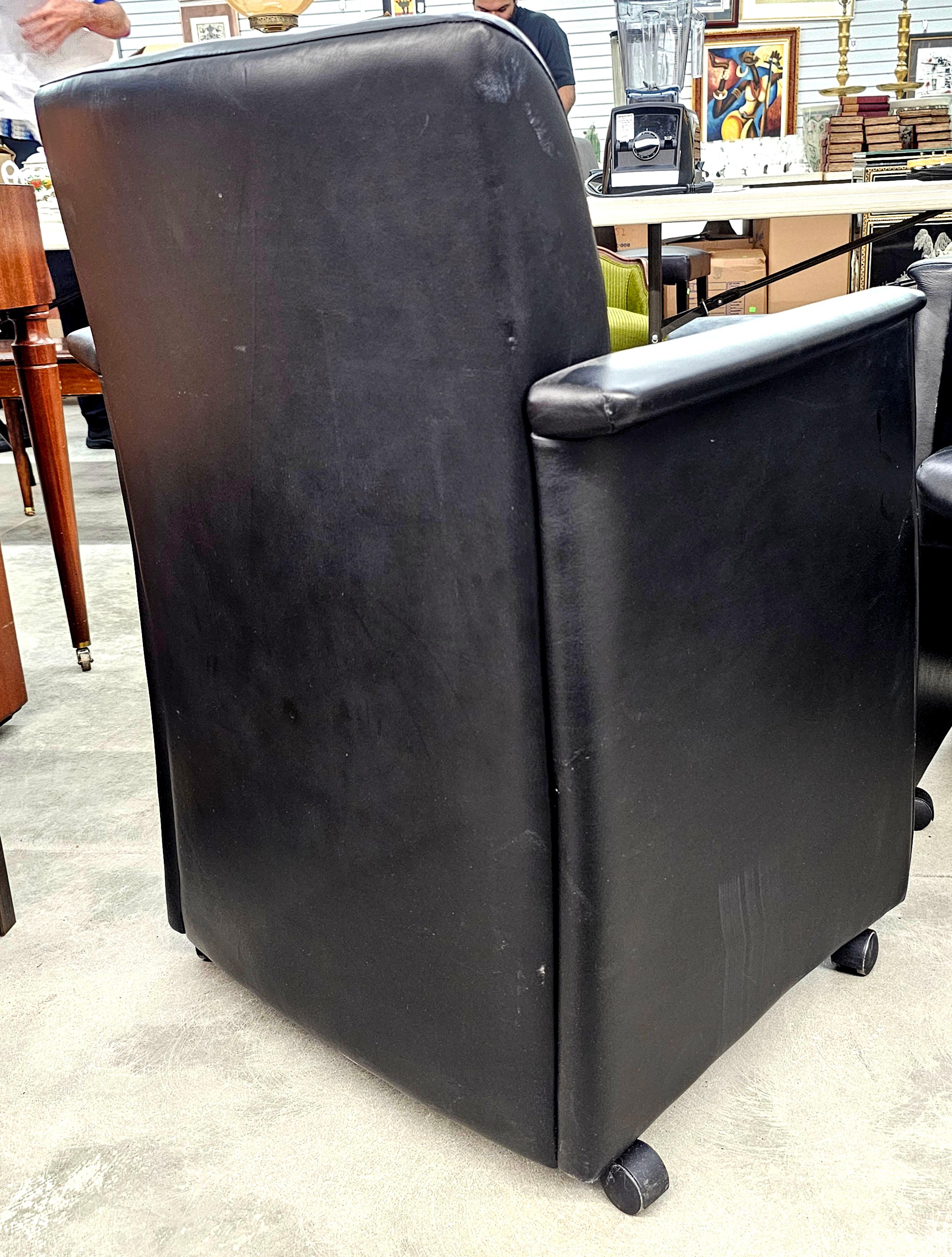 Pair Kron Furniture Black Leather Guest Rolling Armchairs For Sale 3