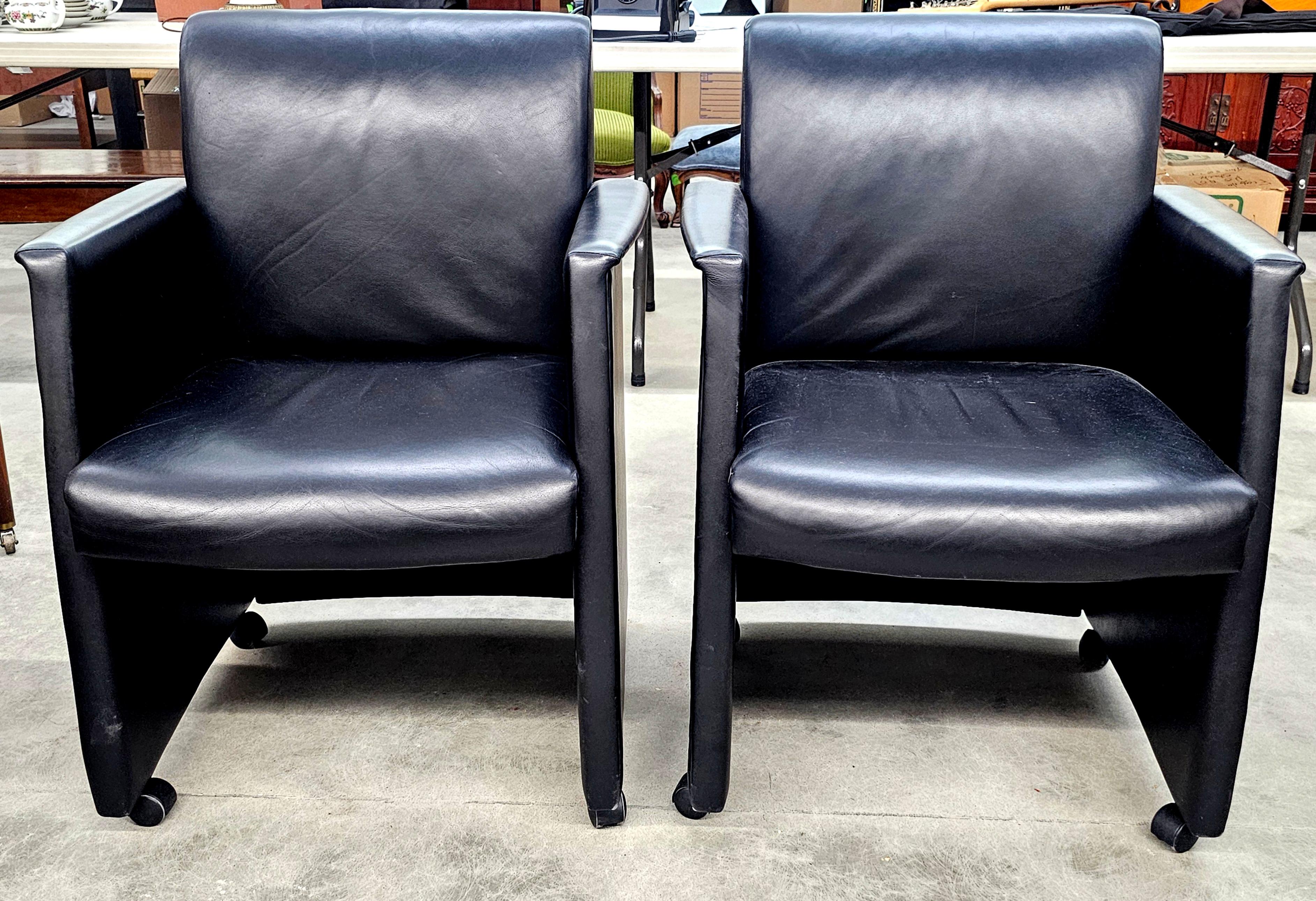 Modern Pair Kron Furniture Black Leather Guest Rolling Armchairs For Sale