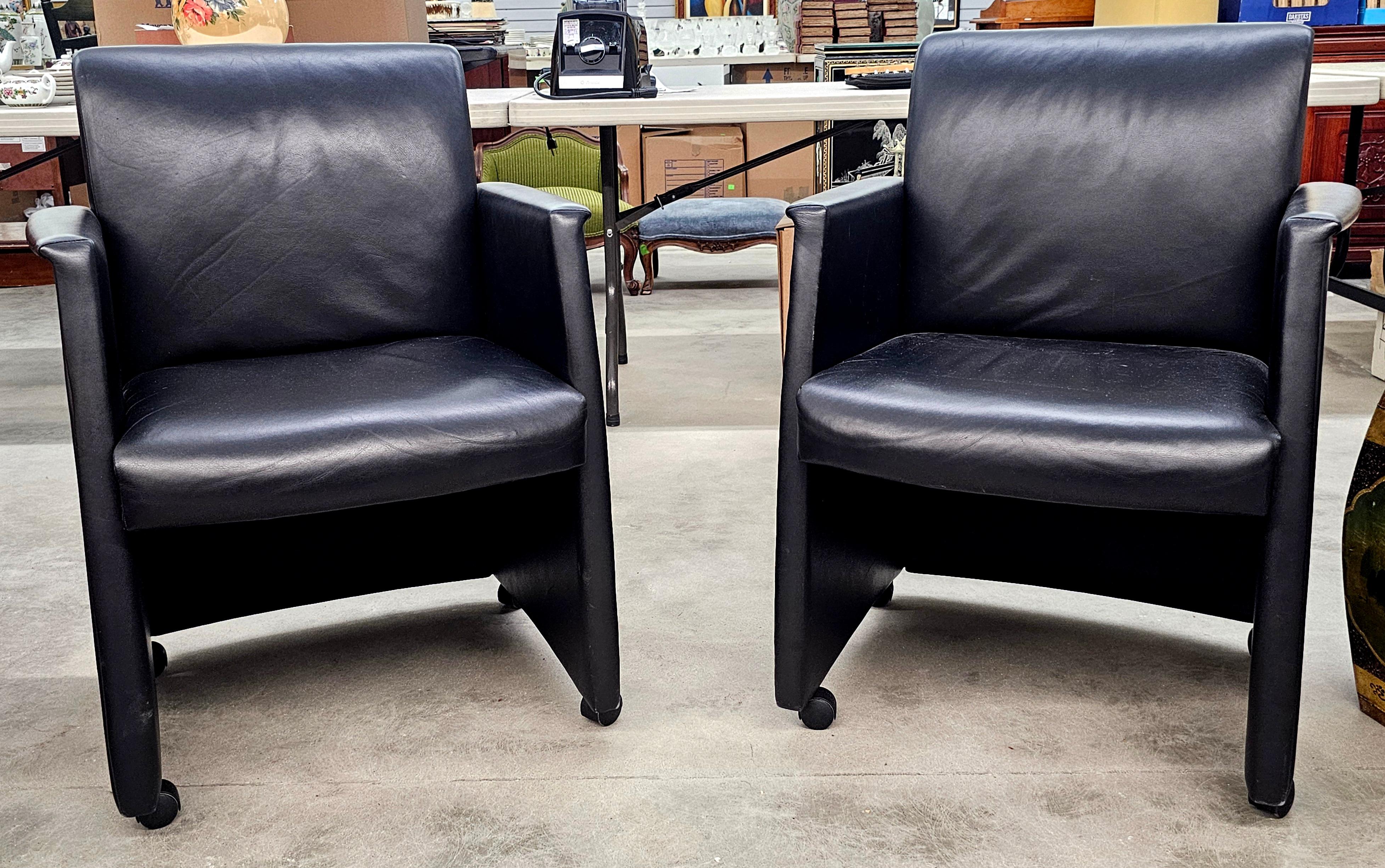 American Pair Kron Furniture Black Leather Guest Rolling Armchairs For Sale