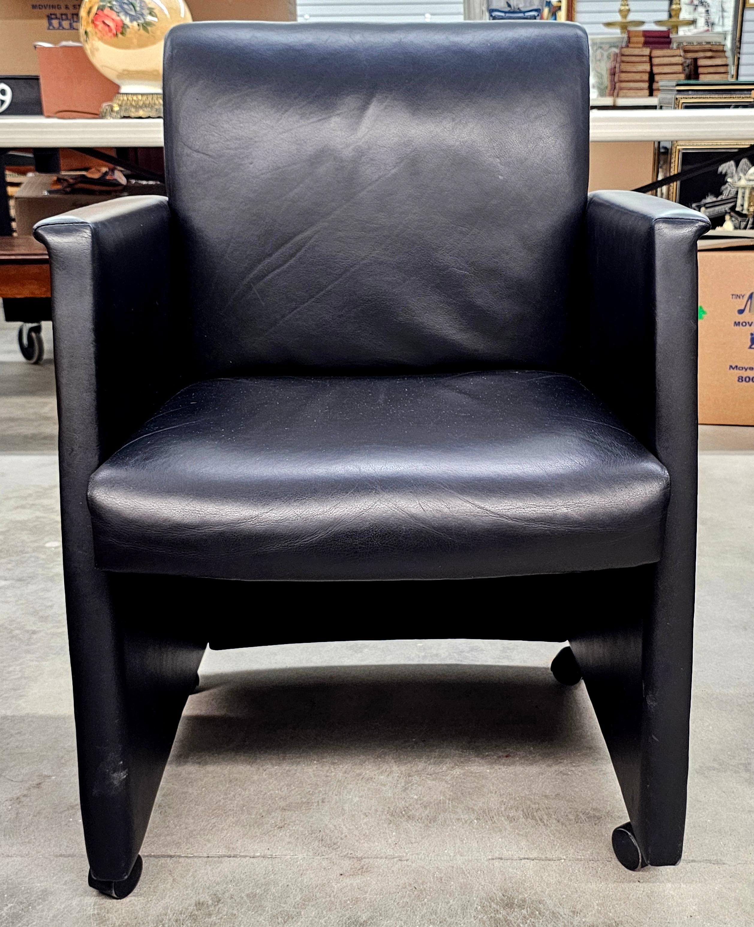 Other Pair Kron Furniture Black Leather Guest Rolling Armchairs For Sale