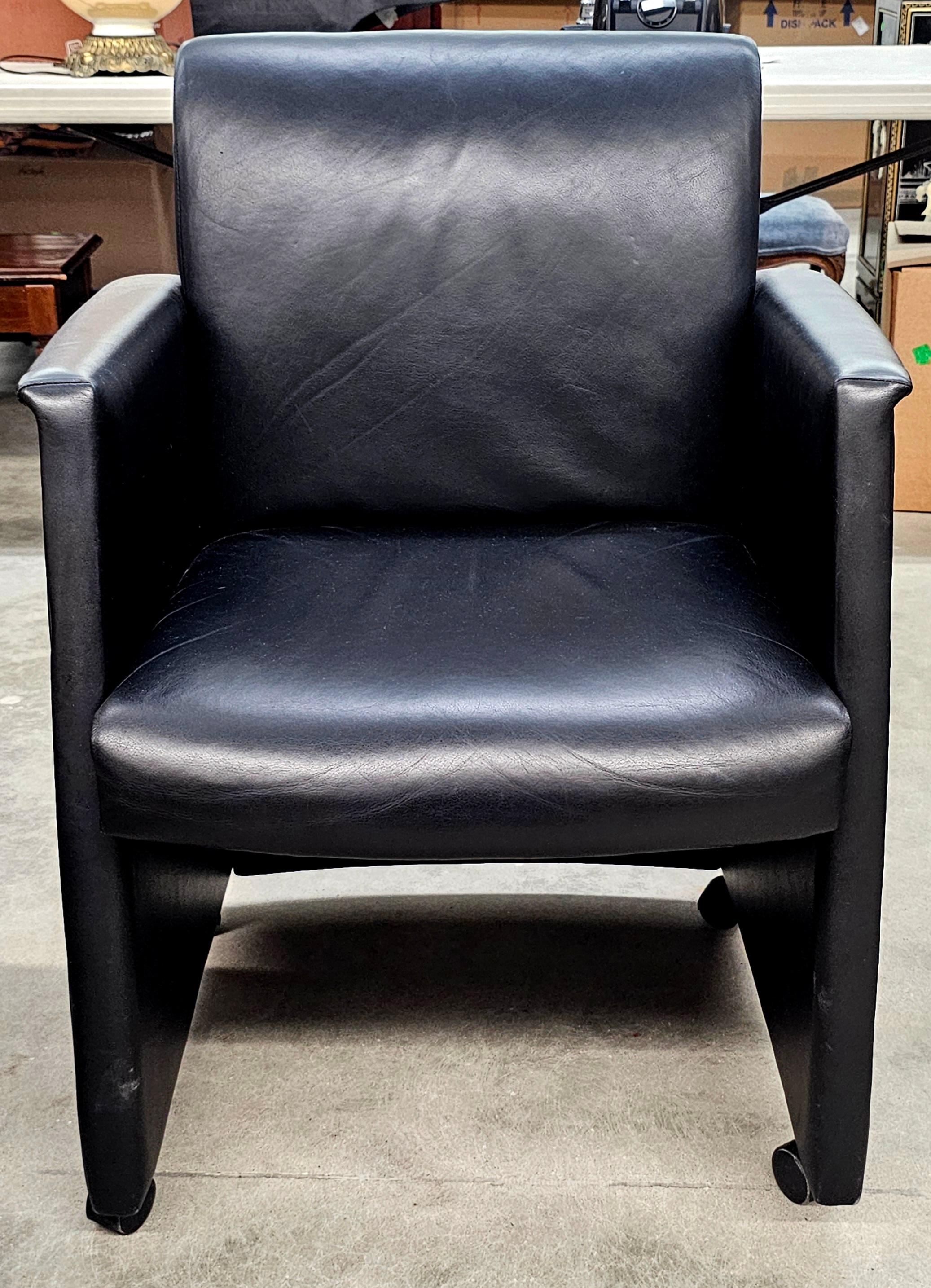 Pair Kron Furniture Black Leather Guest Rolling Armchairs In Good Condition For Sale In Germantown, MD