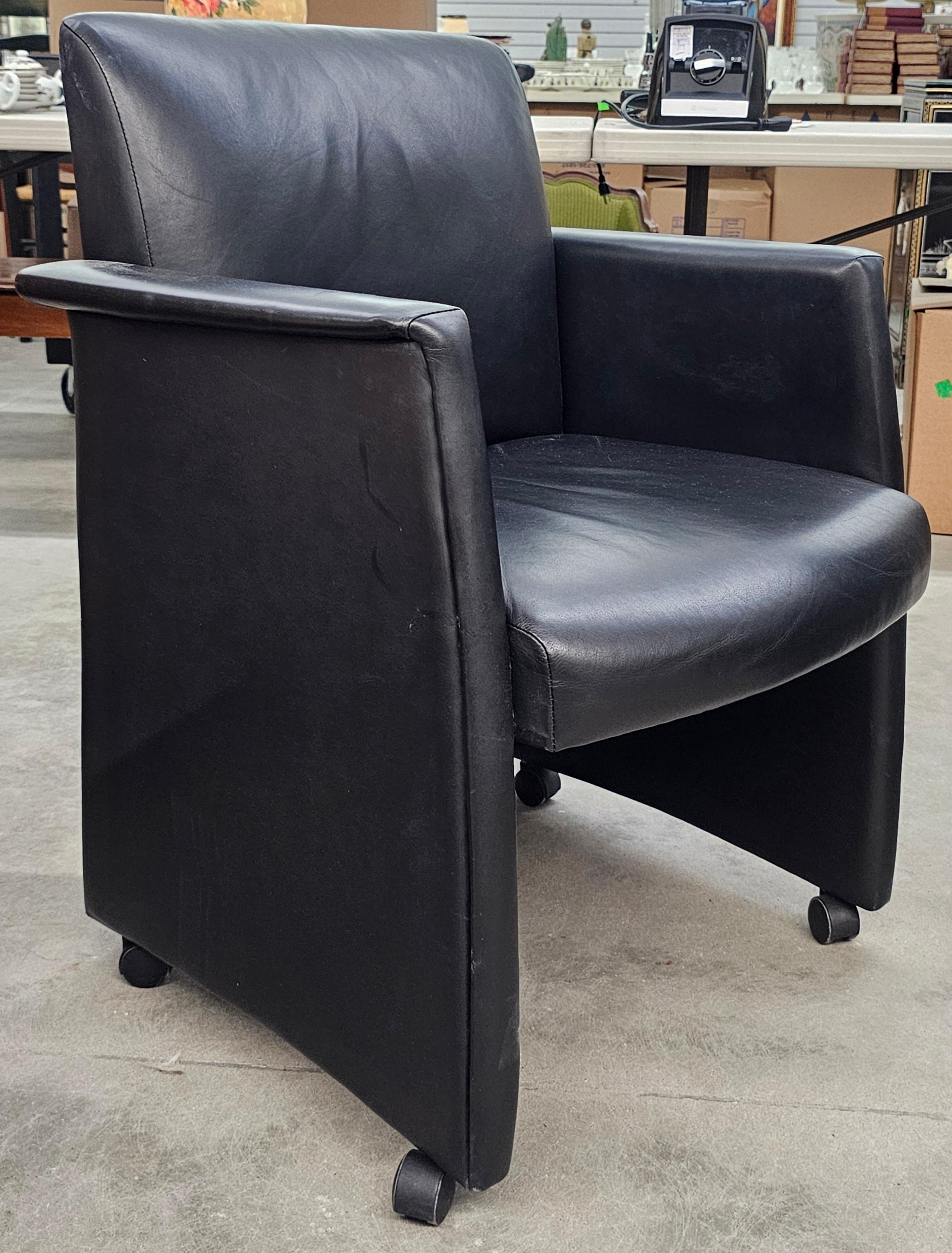 20th Century Pair Kron Furniture Black Leather Guest Rolling Armchairs For Sale