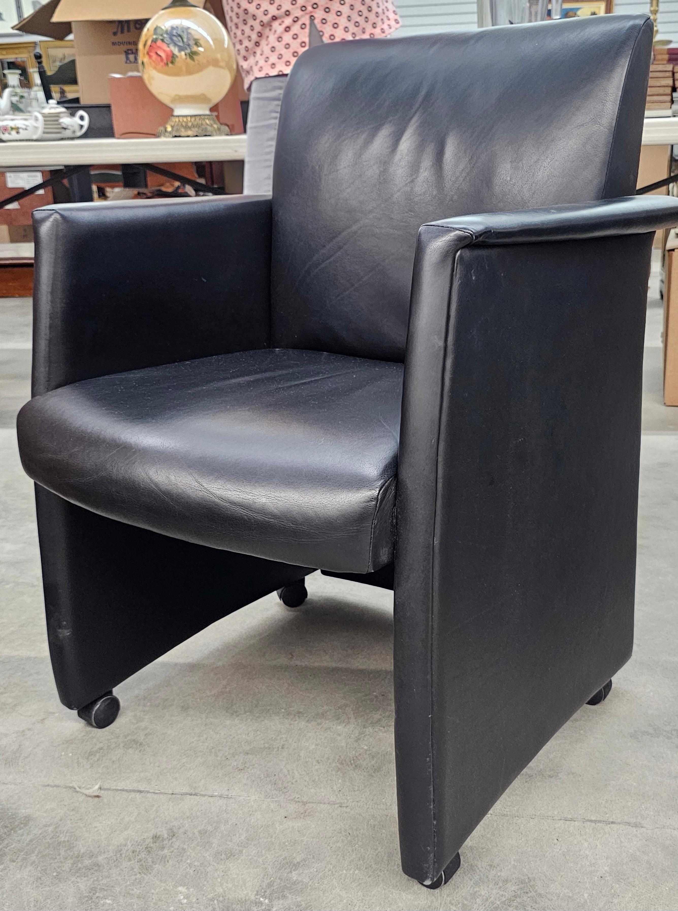 Pair Kron Furniture Black Leather Guest Rolling Armchairs For Sale 1
