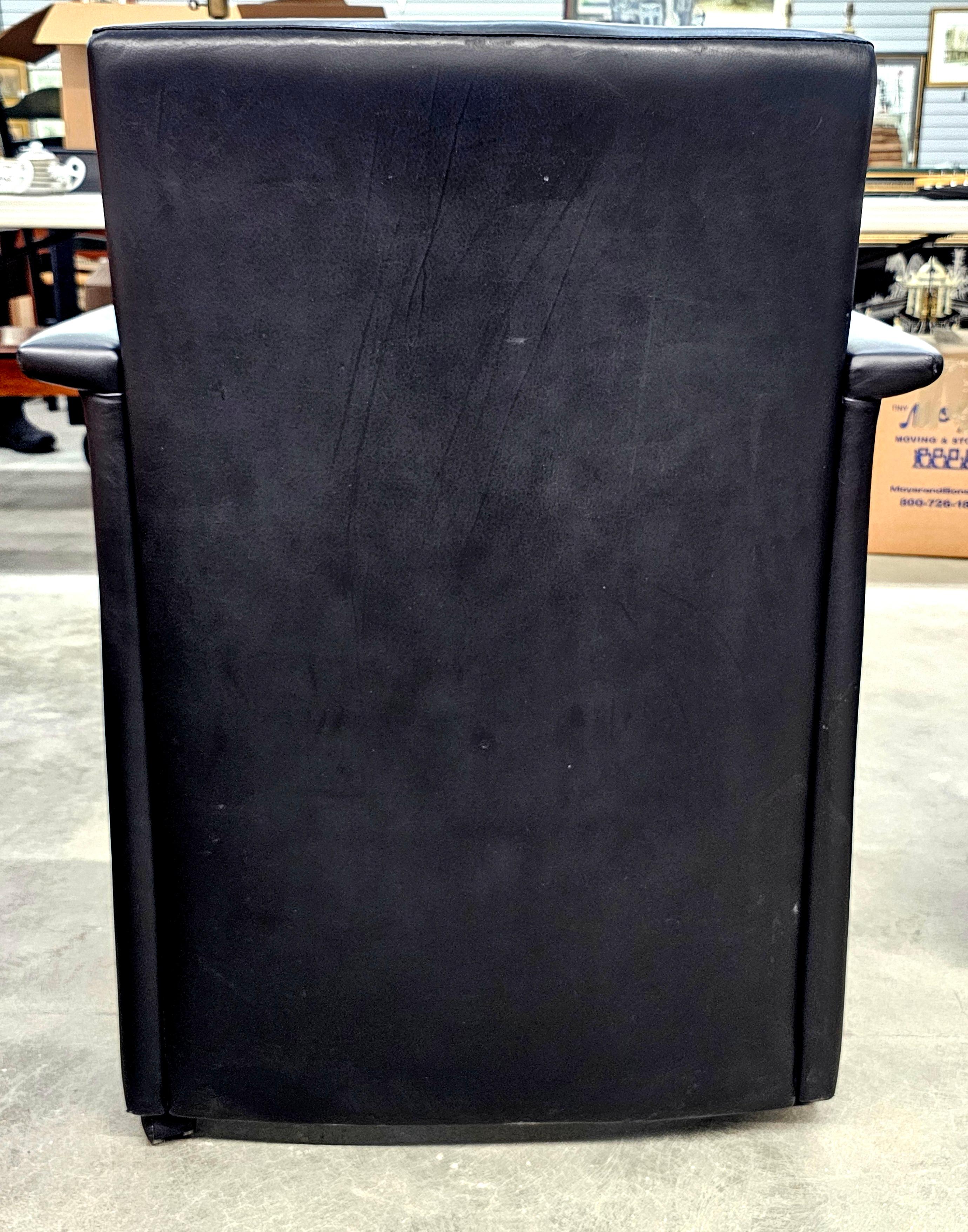 Pair Kron Furniture Black Leather Guest Rolling Armchairs For Sale 2