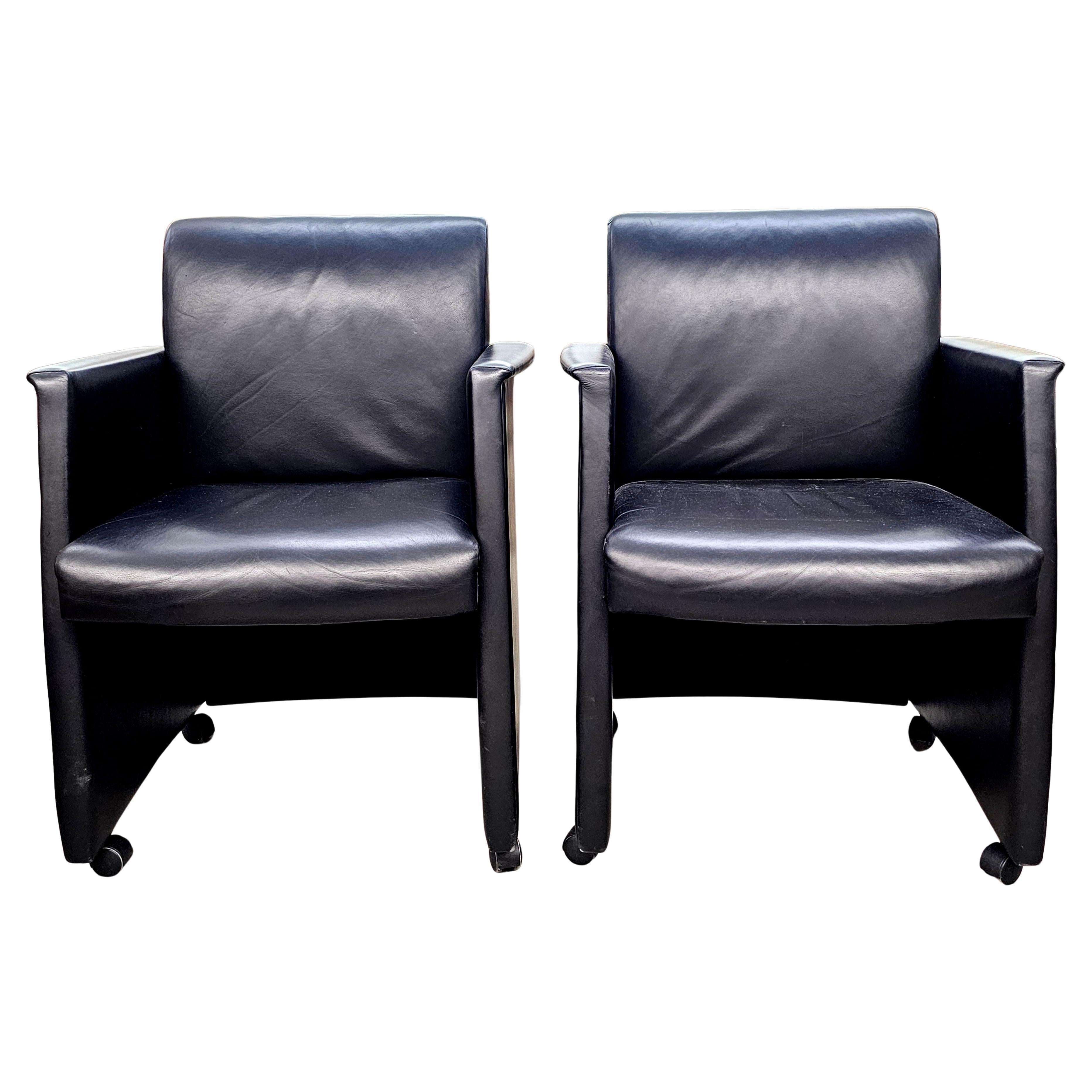 Pair Kron Furniture Black Leather Guest Rolling Armchairs For Sale