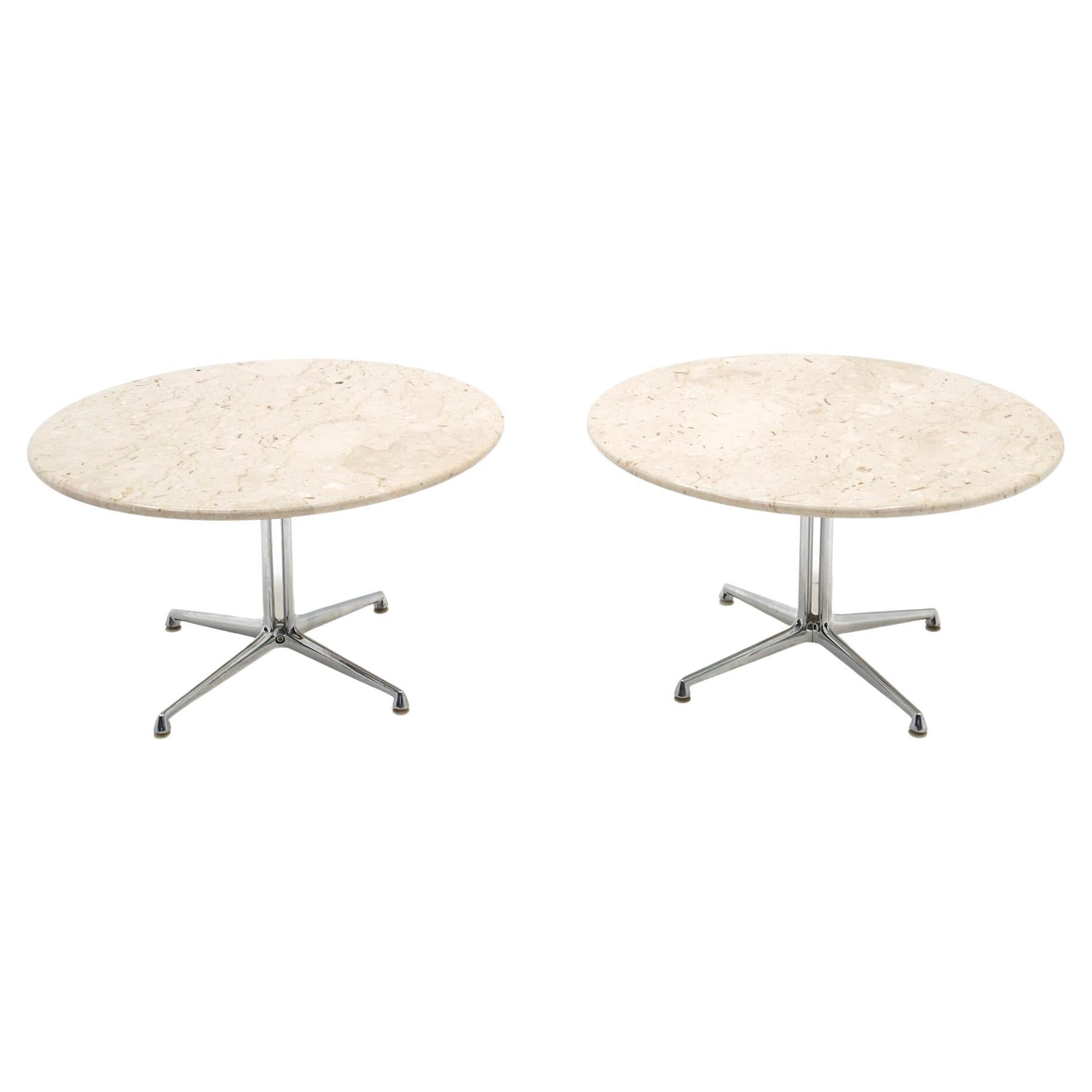 Pair La Fonda Tables by Charles & Ray Eames, Travertine, Chrome, Signed For Sale
