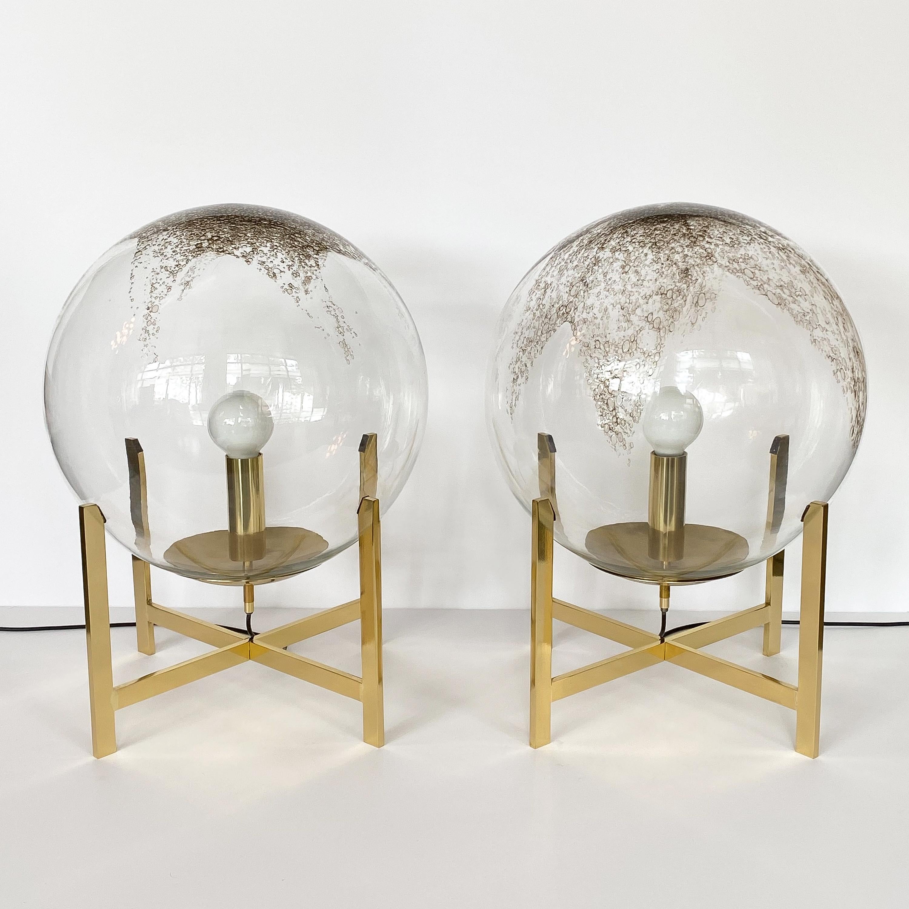 Italian Pair of La Murrina Murano Glass Globes and Brass Table Lamps