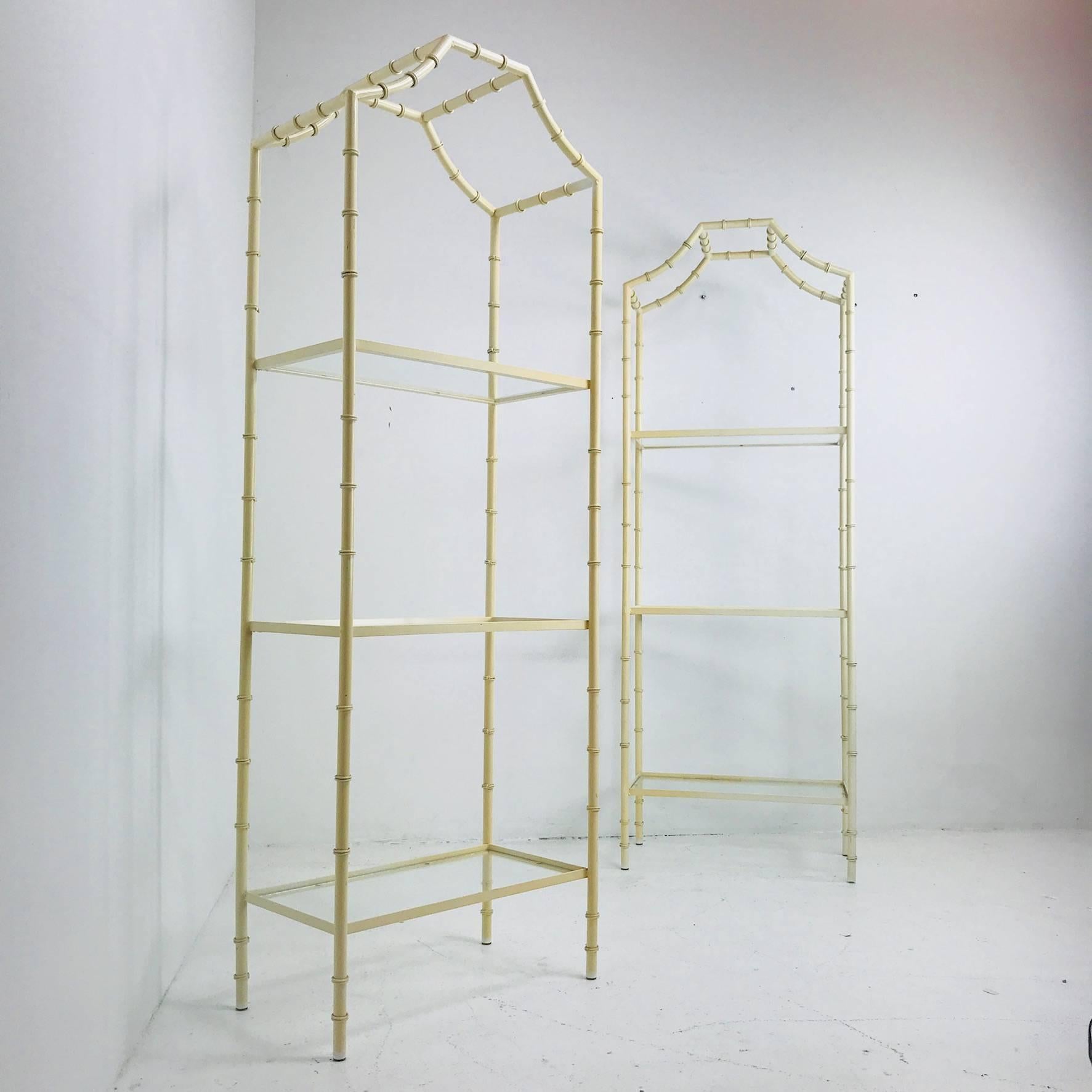Pair of faux bamboo étagères with glass shelves. In good vintage condition with wear due to age and use. Refinishing is recommended.

Dimensions:
25.5