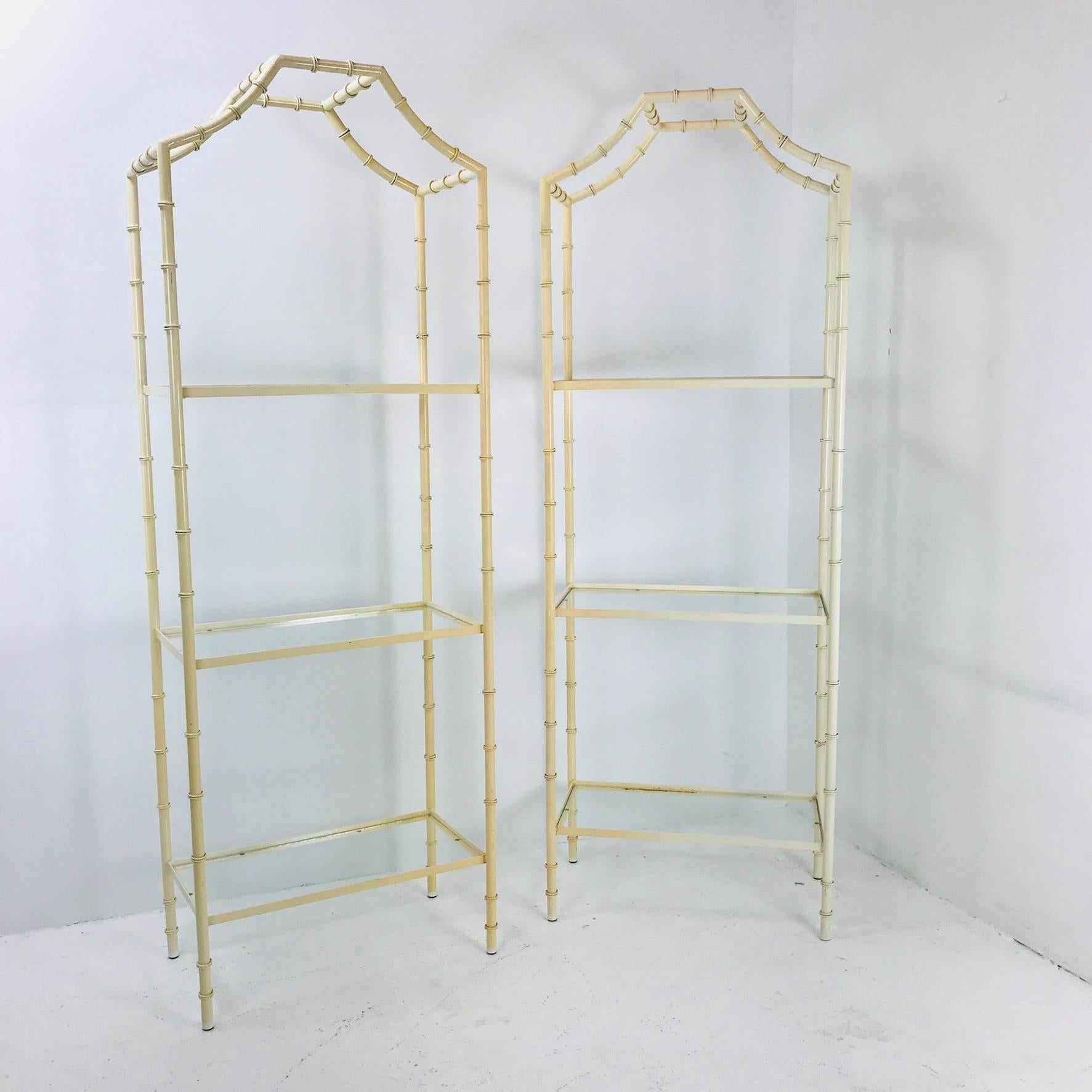 20th Century Pair of Lacquered Faux Bamboo Étagères with Glass Shelves