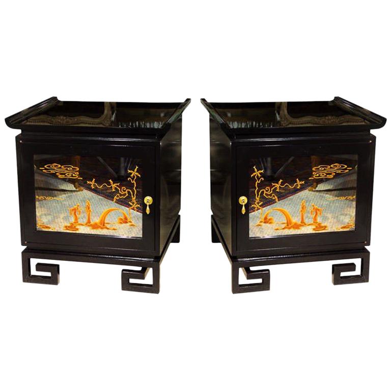 Pair of Lacquered James Mont Églomisé Mirrored End Tables or Nightstands