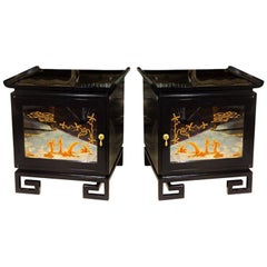 Pair of Lacquered James Mont Églomisé Mirrored End Tables or Nightstands