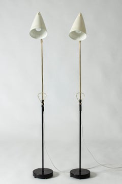 Pair Lacquered Metal & Brass Floor Lamps by Falkenbergs Belysning, Sweden, 1950s