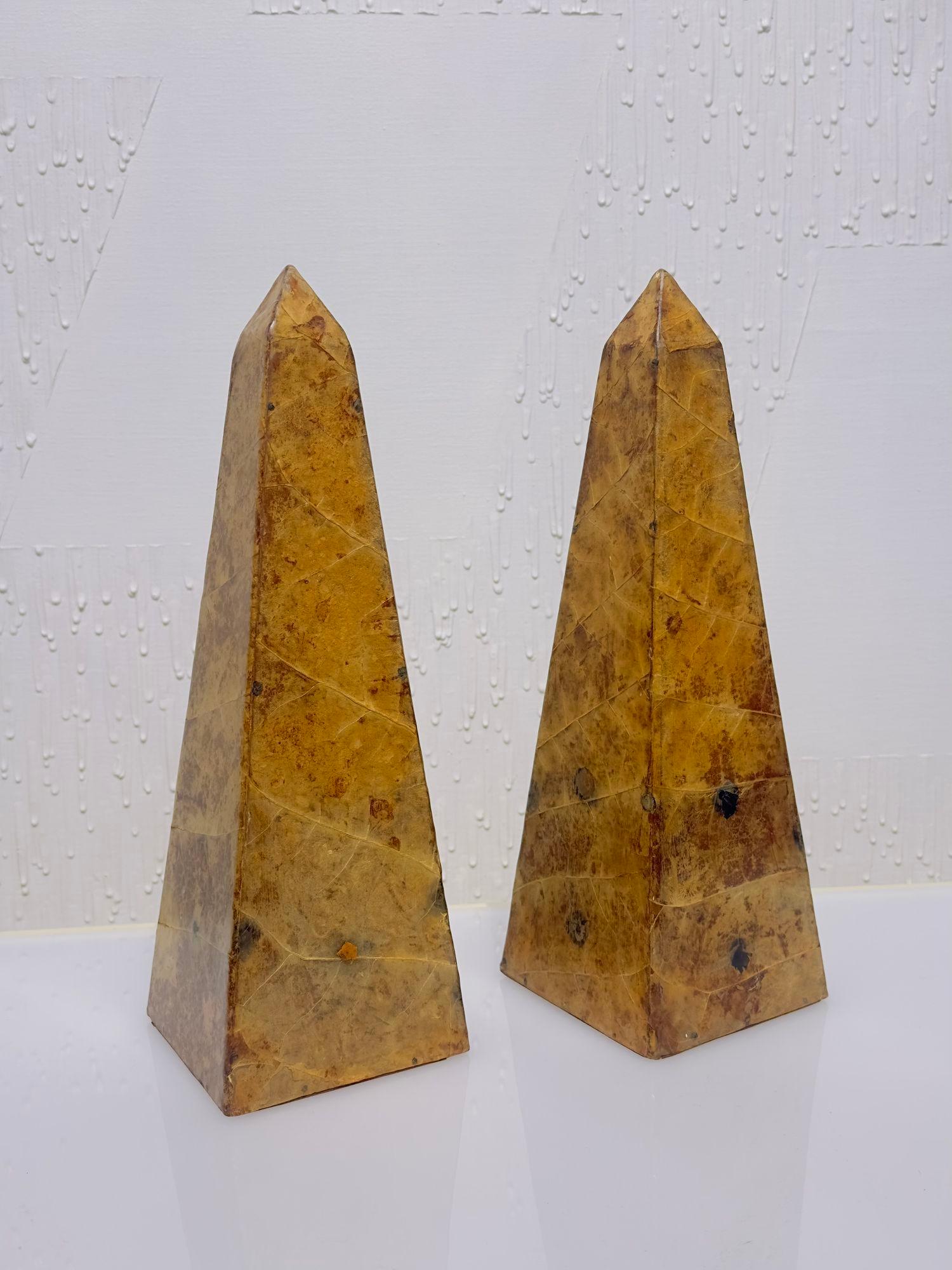 Post-Modern Pair Lacquered Tobacco Leaf Obelisk, Giovanni Patrini, Italy 1980 For Sale