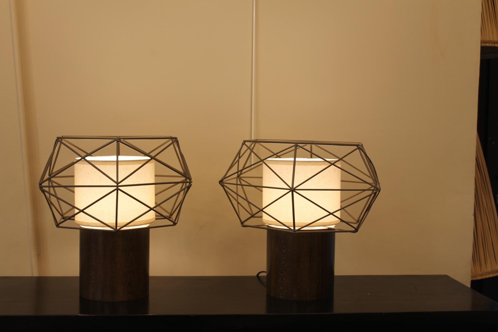 Lampenpaar, modernistisch, bestehend aus einem Lampenschirm aus einer grauen Metallkugel und einem Stofflampenschirm. Buchenholz im Palmenstil. Das Lampenpaar ist eine Kreation, es wird nicht in Serie produziert. Ampulle E 27.