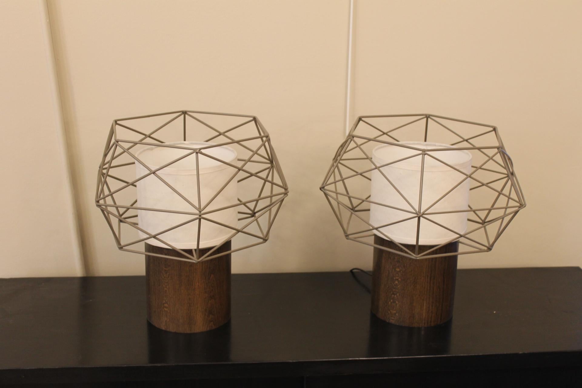 Beech Pair Lamps, Modernist, Metal, Geometric For Sale